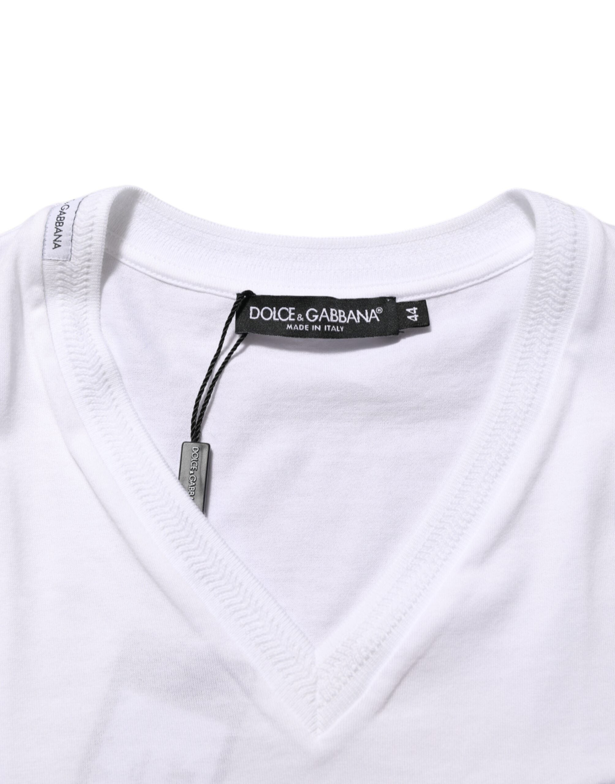Dolce & Gabbana White Cotton Logo Patch V-neck Tee T-shirt
