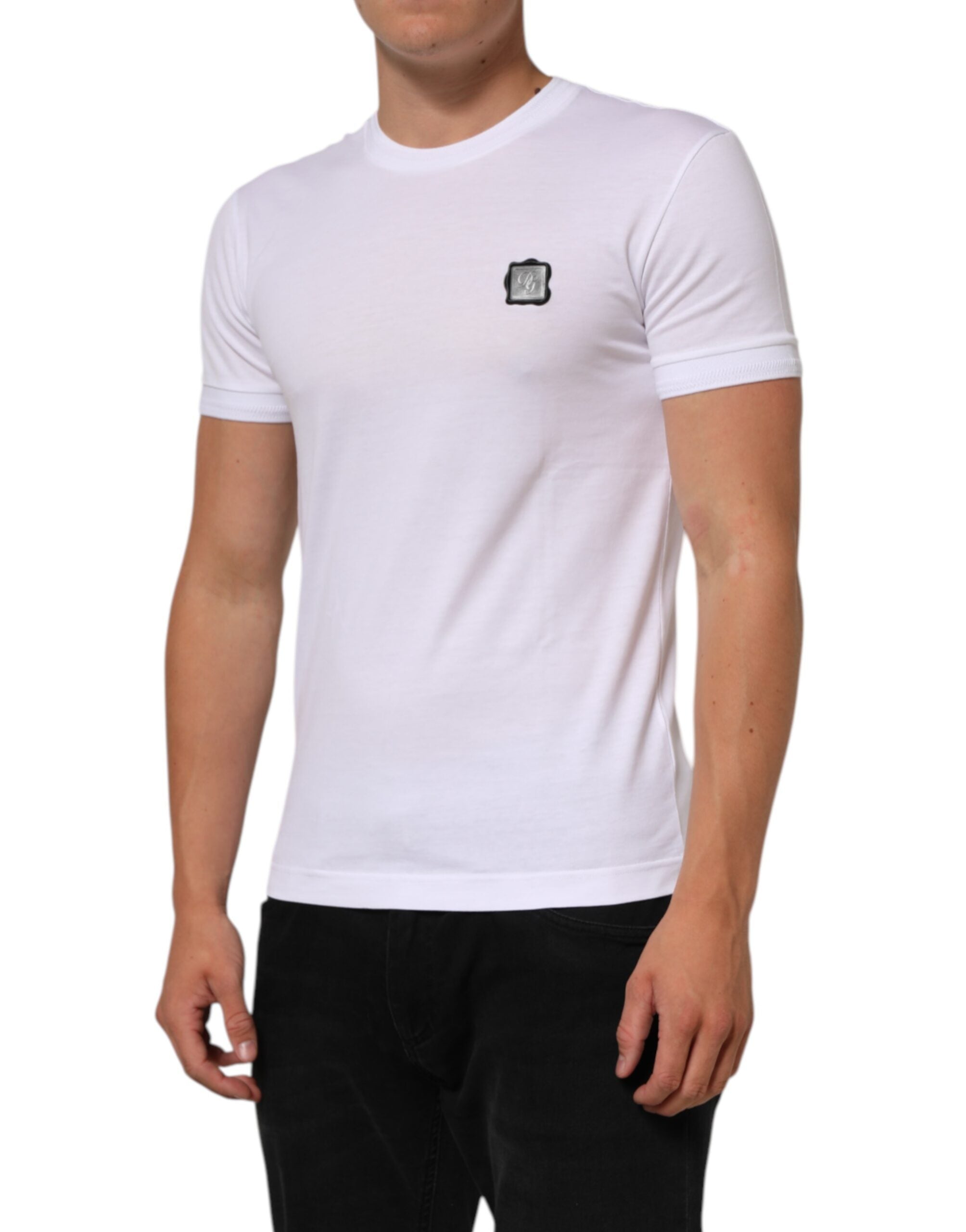 Dolce & Gabbana White Cotton Logo Patch Crew Neck T-shirt