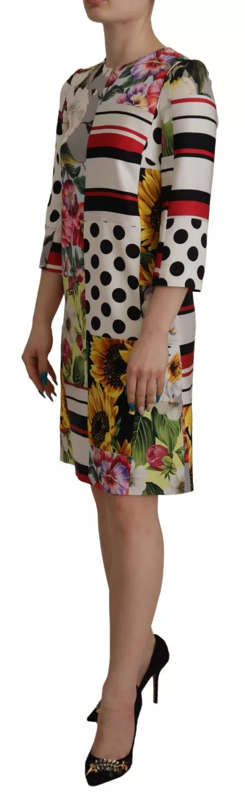 Indulge in the exquisite Dolce & Gabbana Multicolor Patchwork Charmeuse Floral Shift Dress, a luxurious blend of silk and elastane, embodying Italian artistry and elegance for unforgettable moments.