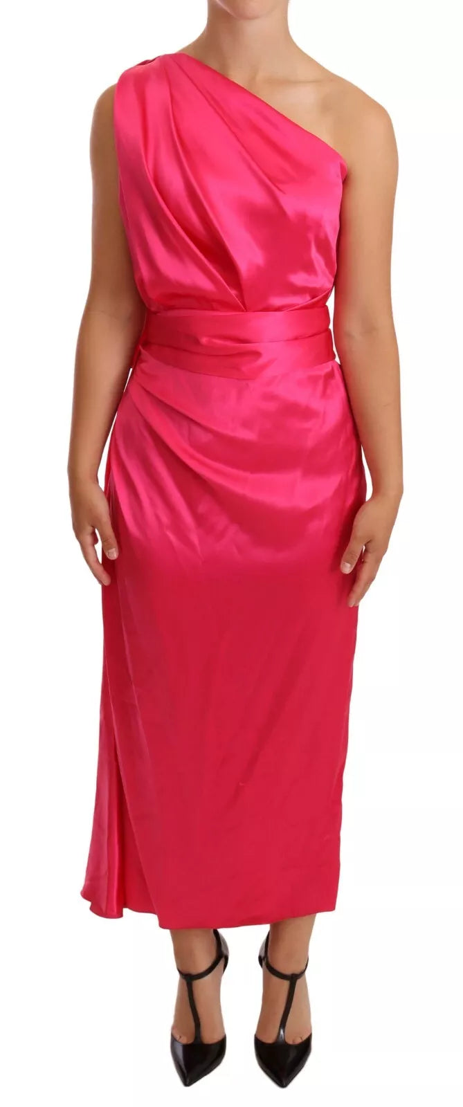 Discover the exquisite Dolce & Gabbana Pink Sheath Silk Bow Open Shoulder Dress, a timeless embodiment of luxury and elegance, crafted from 100% silk for an unparalleled experience.