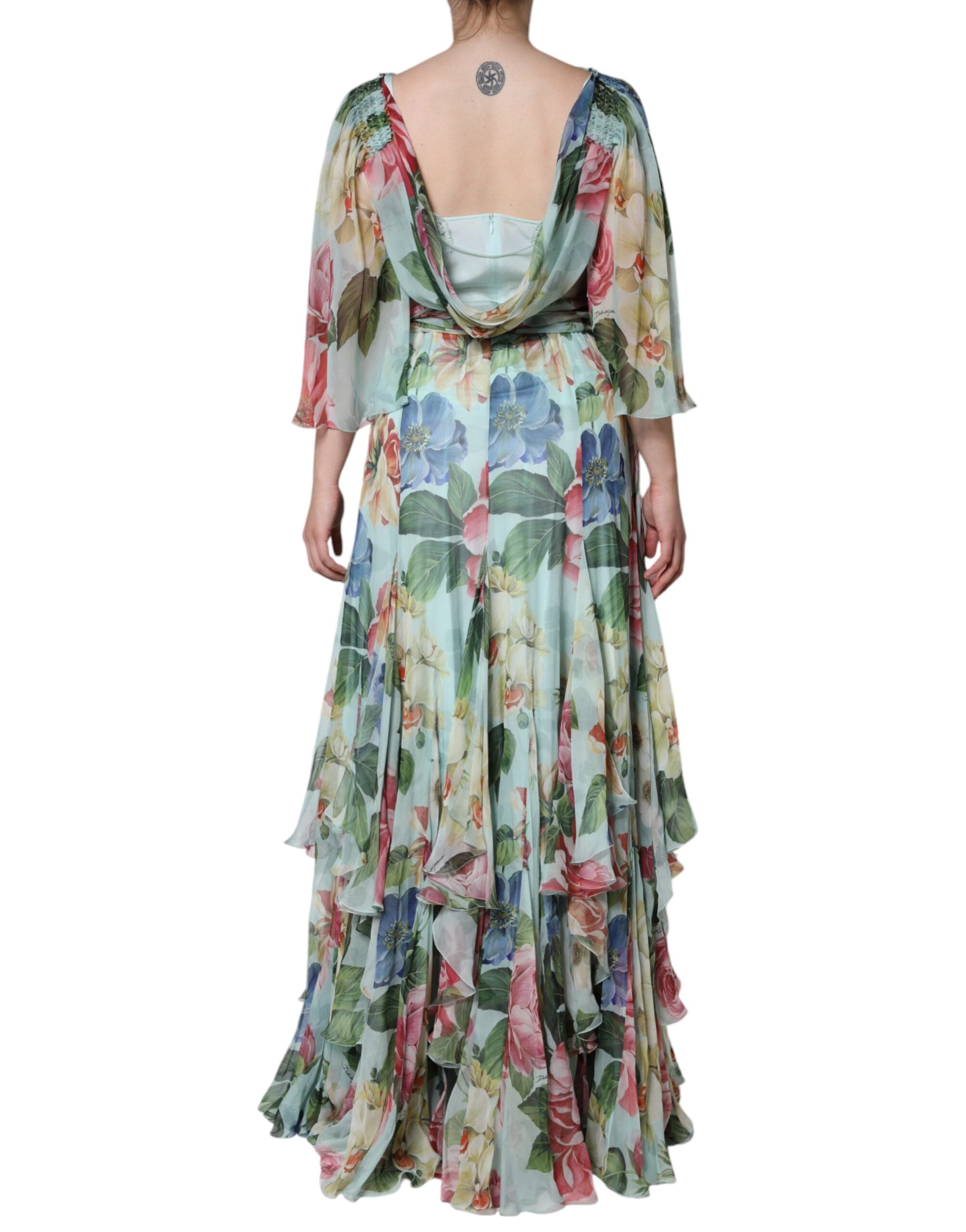 Dolce & Gabbana Blue Floral Print Tiered Maxi Dress in Silk