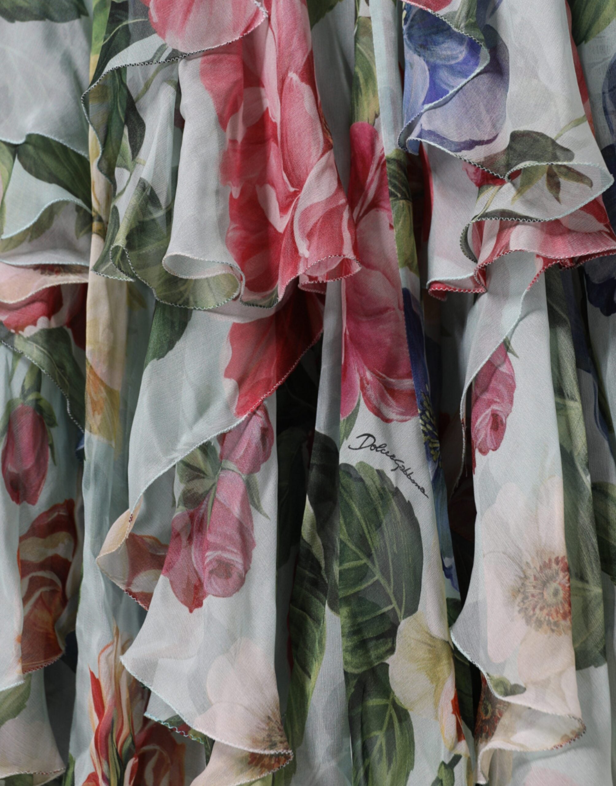 Dolce & Gabbana Blue Floral Print Tiered Maxi Dress in Silk