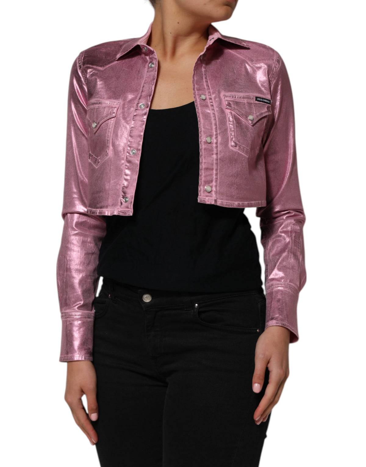 Indulge in the exquisite Dolce & Gabbana Pink Cotton Stretch Collared Cropped Jacket, a testament to Italian craftsmanship that elevates your wardrobe with timeless elegance and luxurious allure.