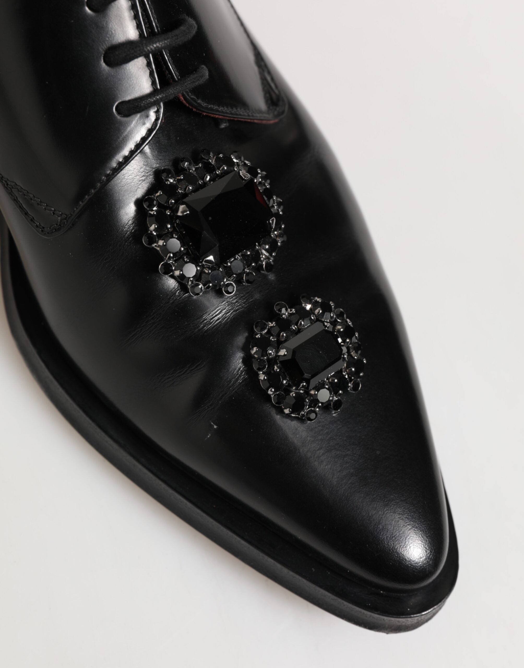 Dolce & Gabbana Black Leather Jeweled Crystals Derby Shoes