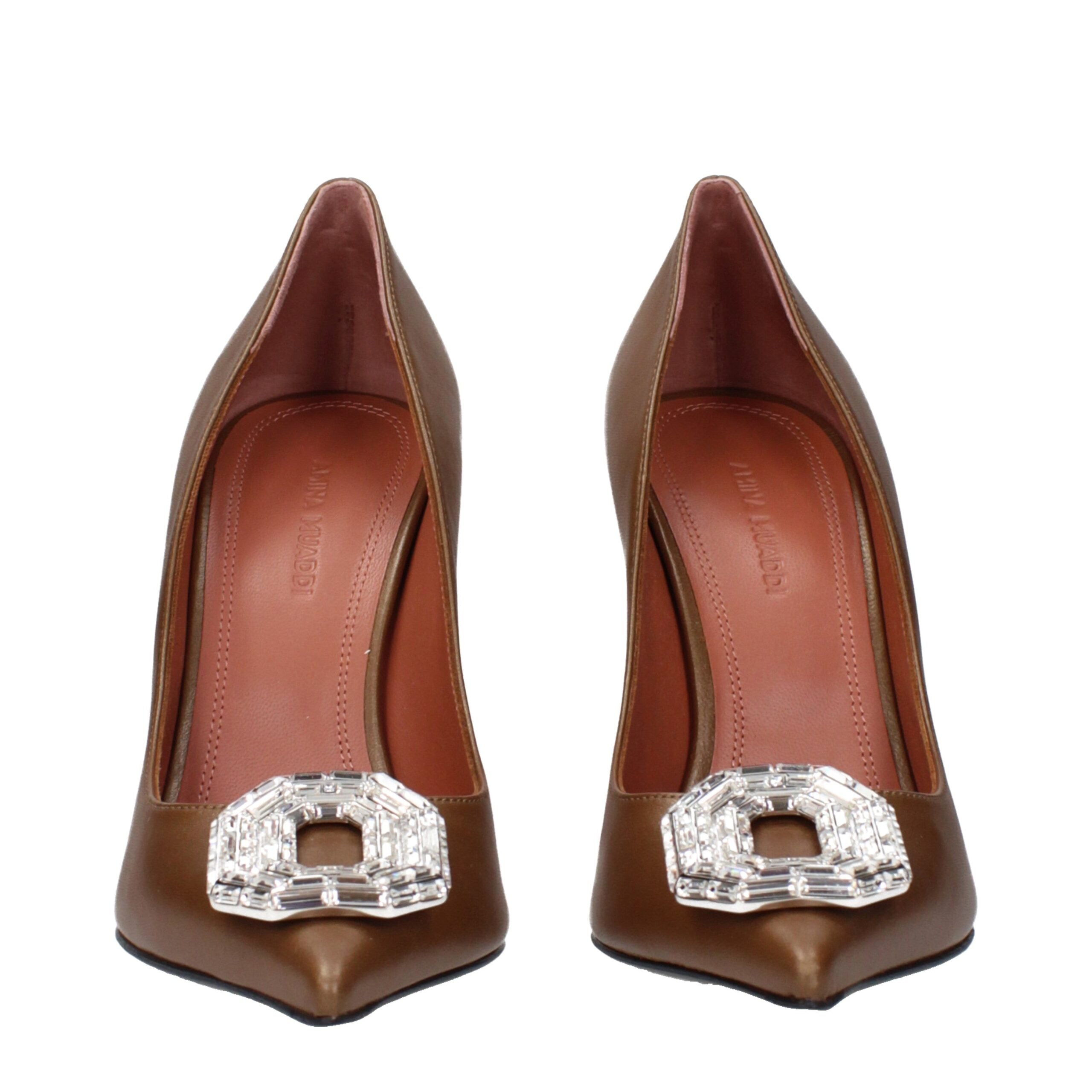 Amina Muaddi Brown Leather High Heel Pumps