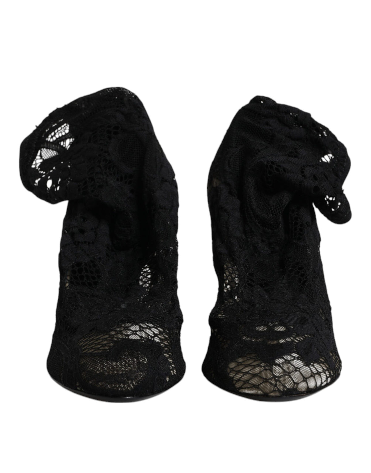Elevate your style with Dolce & Gabbana's Black Lace Stretch Heels, a masterpiece of Italian craftsmanship that embodies sensual elegance and luxurious allure.