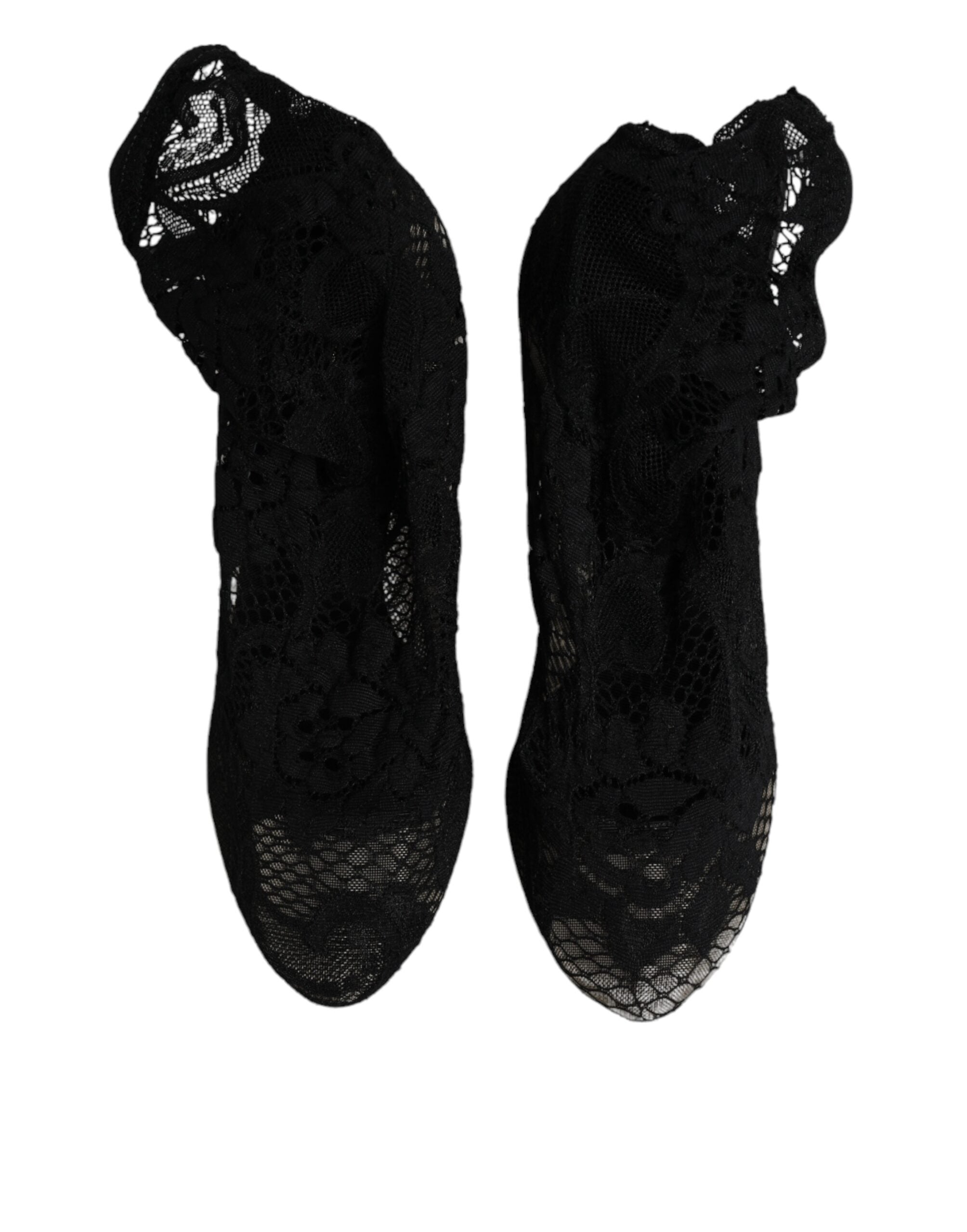 Elevate your style with Dolce & Gabbana's Black Lace Stretch Heels, a luxurious blend of exquisite materials and Italian craftsmanship, perfect for the discerning individual.