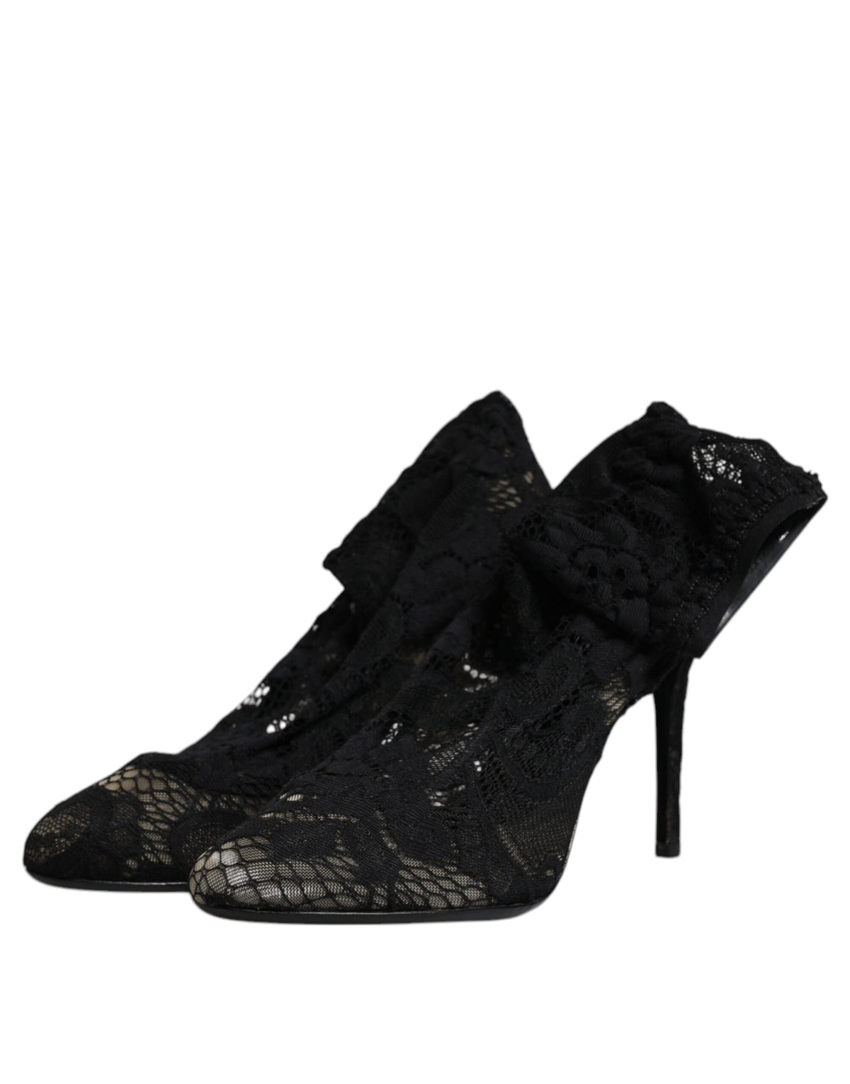 Elevate your style with Dolce & Gabbana's Black Lace Stretch Heels, where exquisite craftsmanship meets sensual elegance, perfect for the discerning fashion lover.