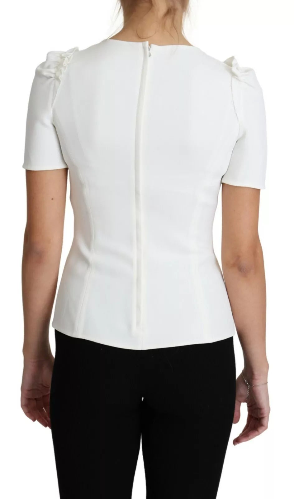 Elevate your wardrobe with the Dolce & Gabbana White Viscose Acetate Short Sleeve Blouse, a masterpiece of Italian craftsmanship that embodies timeless elegance and modern sophistication.