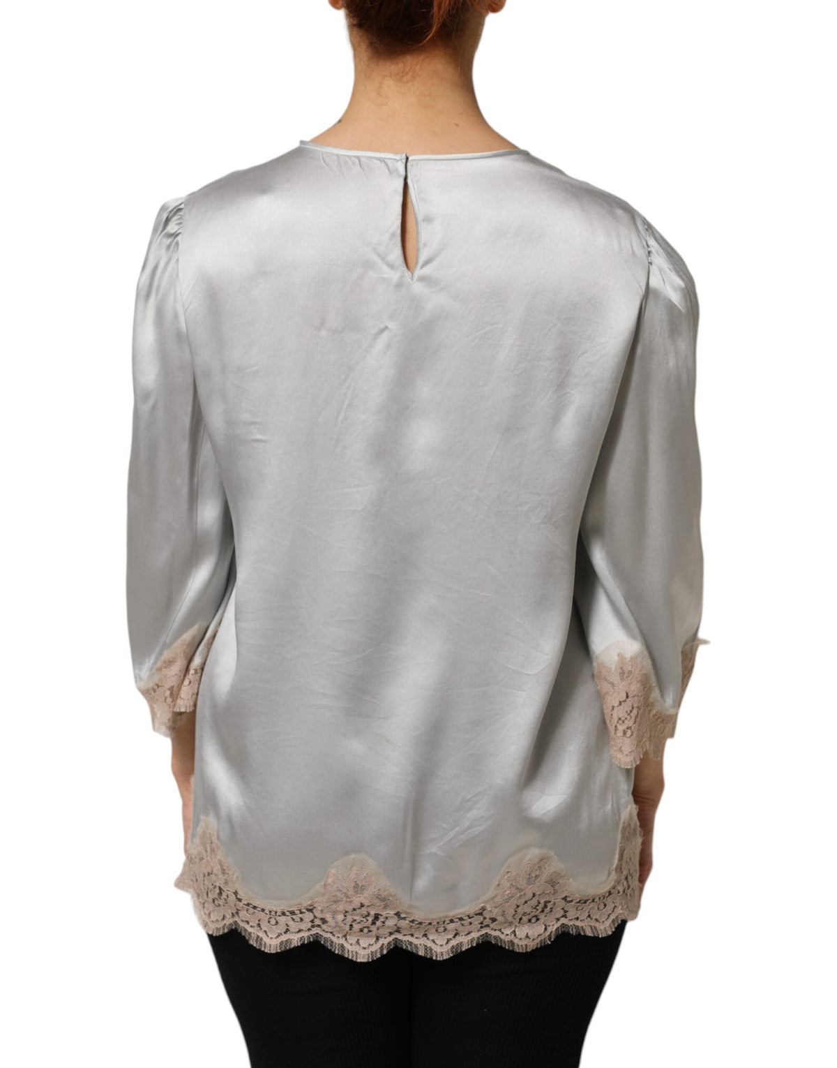 Elevate your wardrobe with the Dolce & Gabbana Gray Silk Satin Floral Lace Long Sleeve Top, a masterpiece of Italian craftsmanship that embodies timeless luxury and sophisticated allure.