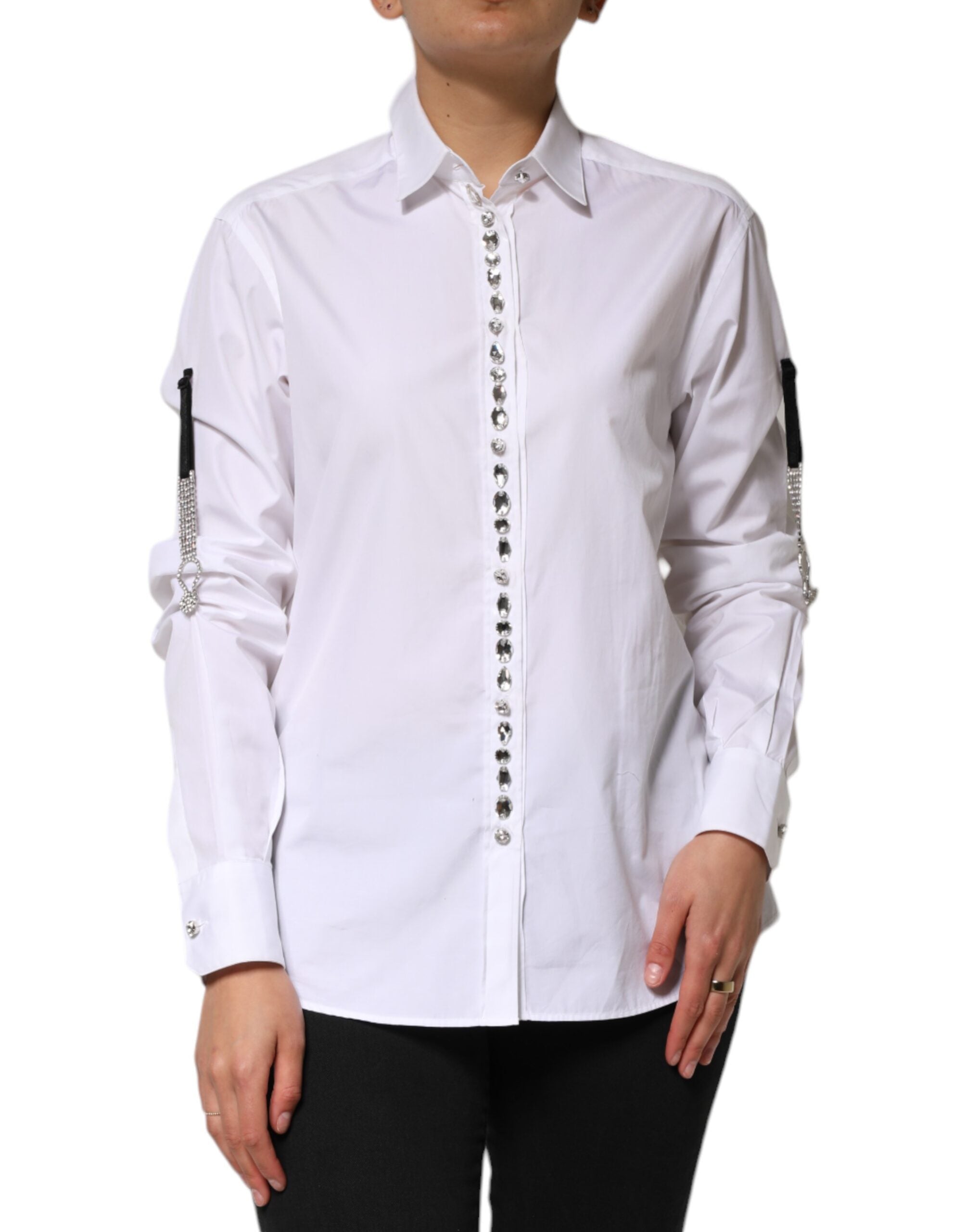 Elevate your wardrobe with the Dolce & Gabbana White Crystal Embellished Dress Shirt, a masterpiece of Italian craftsmanship in premium cotton, perfect for the discerning connoisseur.