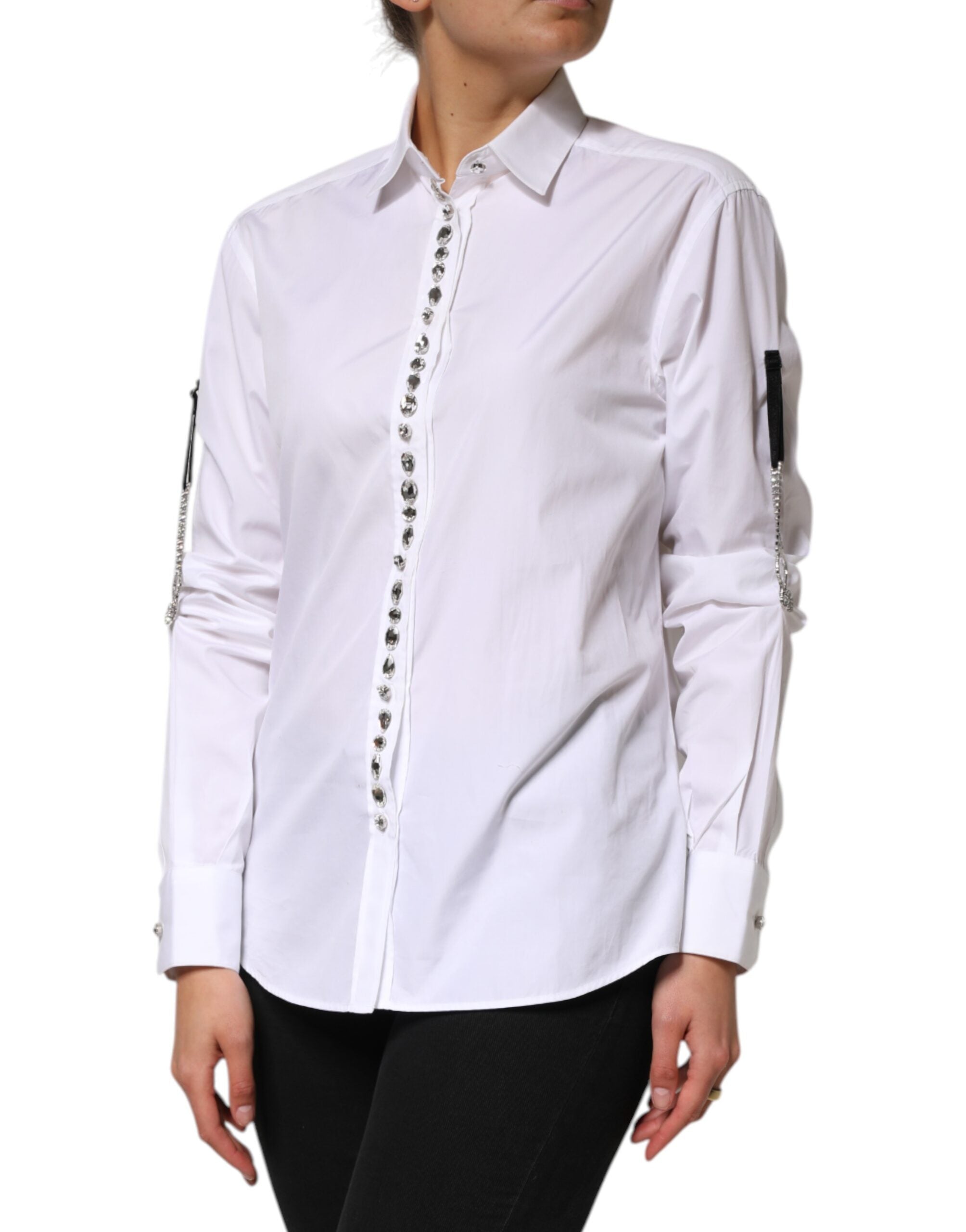 Elevate your wardrobe with the Dolce & Gabbana White Crystal Embellished Dress Shirt, a masterpiece of Italian craftsmanship in premium cotton, radiating timeless elegance and sophistication.