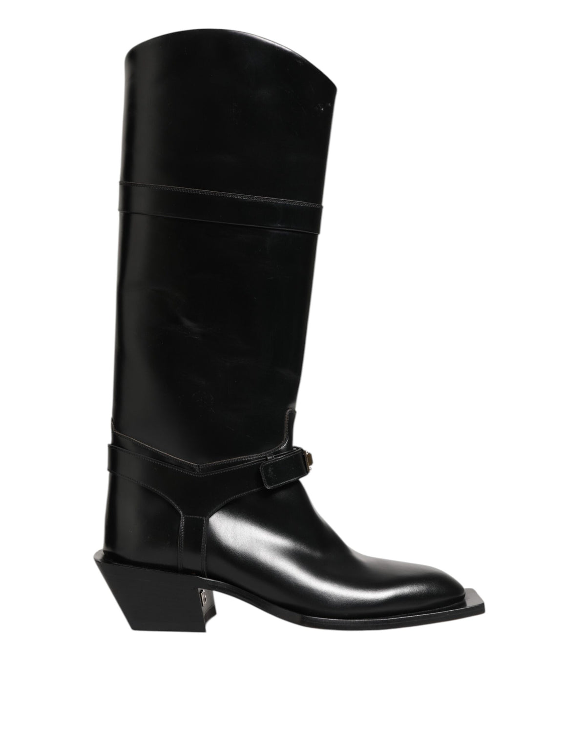 Elevate your style with Dolce & Gabbana's Black Logo Plaque Over The Calf Boots, crafted from premium leather for a timeless statement of luxury and elegance.