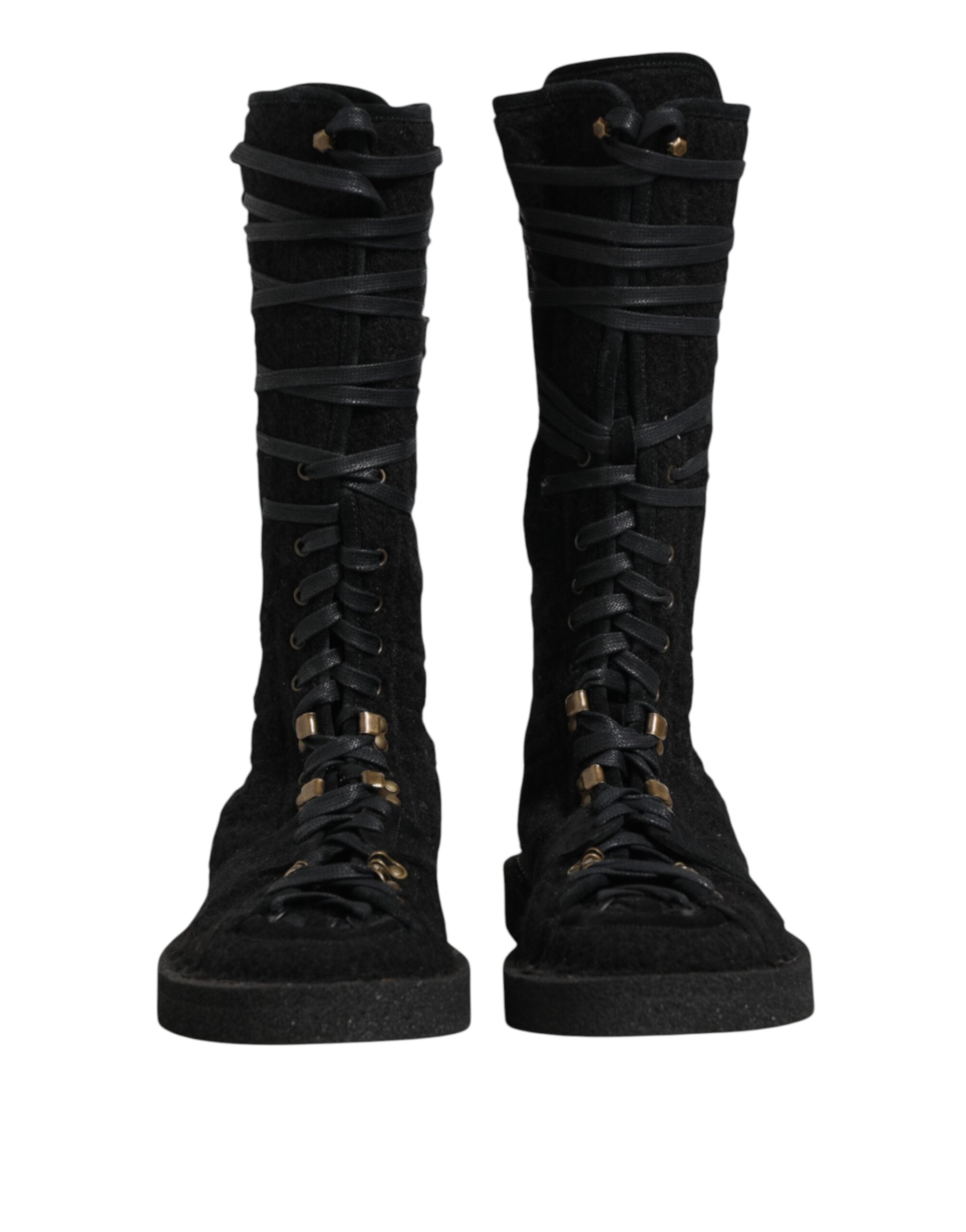 Indulge in the luxurious embrace of Dolce & Gabbana's Black Alpaca Wool Suede Mid Calf Boots, where exquisite craftsmanship meets timeless elegance for the discerning individual.