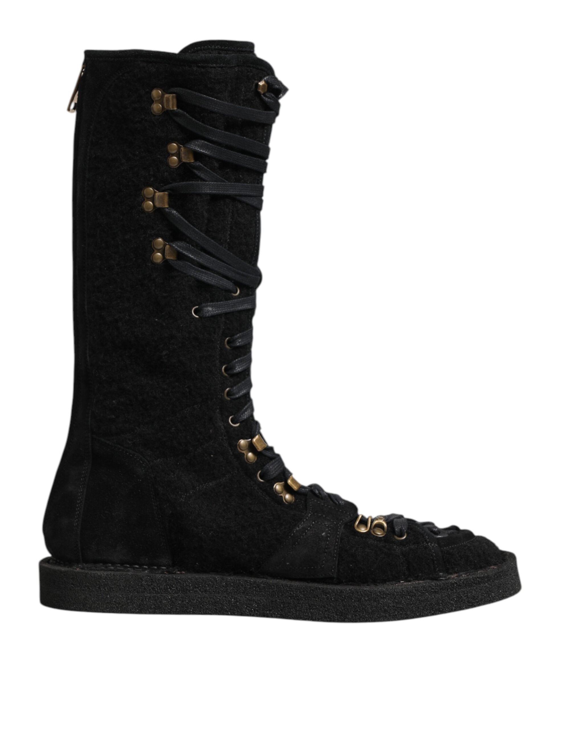 Indulge in the exquisite Dolce & Gabbana Black Alpaca Wool Suede Mid Calf Boots, where luxurious craftsmanship meets timeless elegance, perfect for the discerning individual.