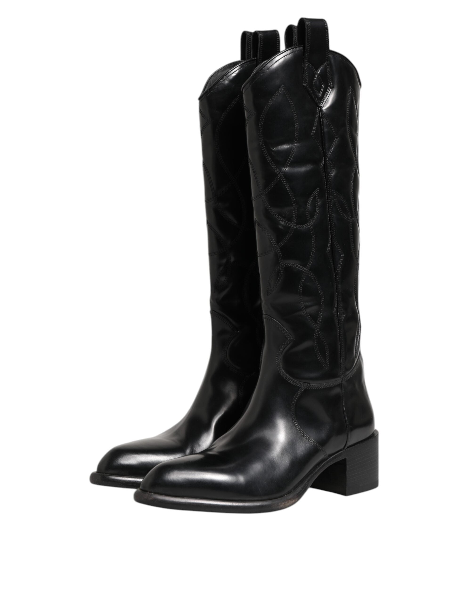 Dolce & Gabbana Black Leather Over The Calf Biker Boots Shoes