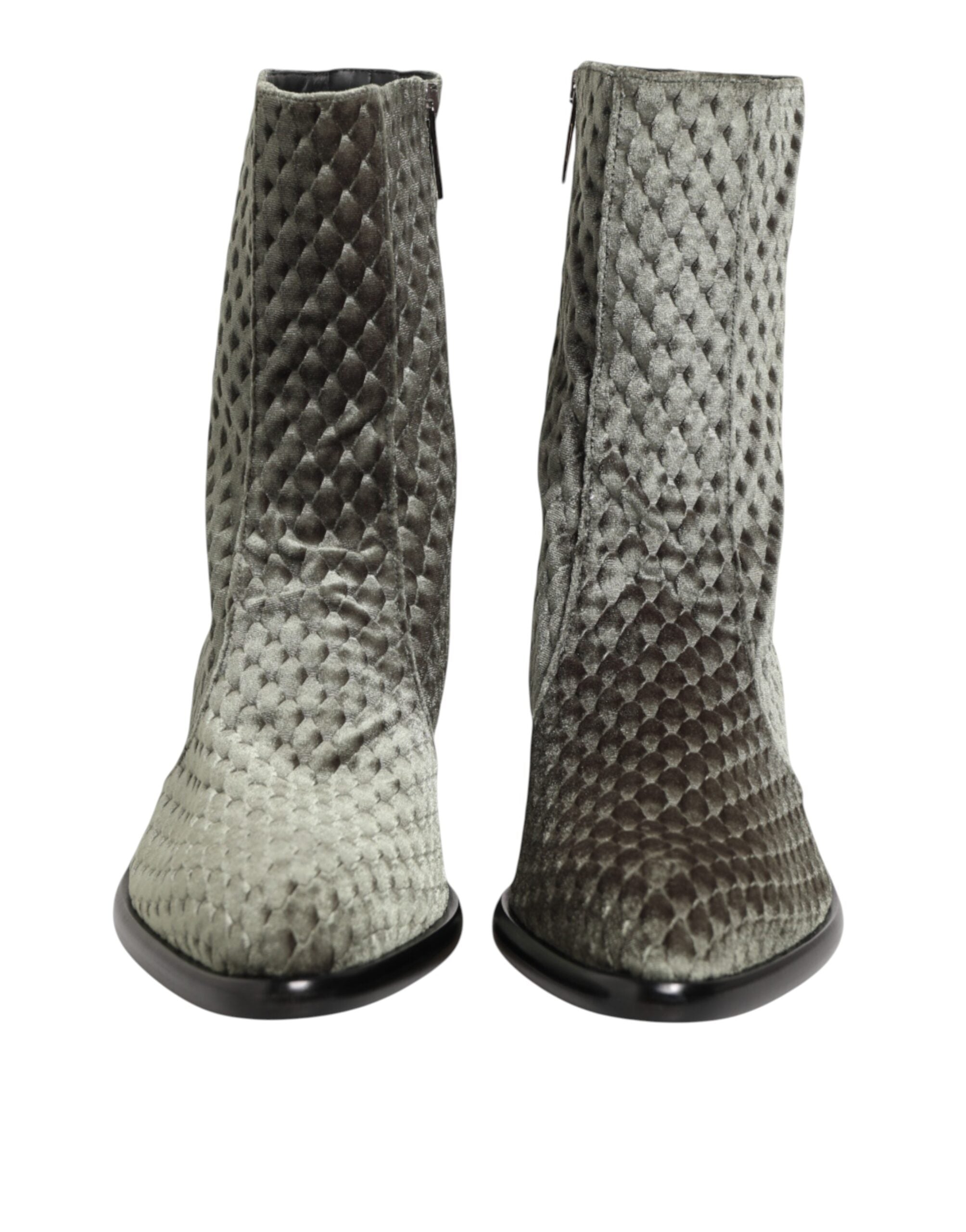 Indulge in the exquisite allure of Dolce & Gabbana's Gray Cotton Velvet Mid Calf Short Boots, where luxurious materials and Italian craftsmanship elevate your style with timeless sophistication.