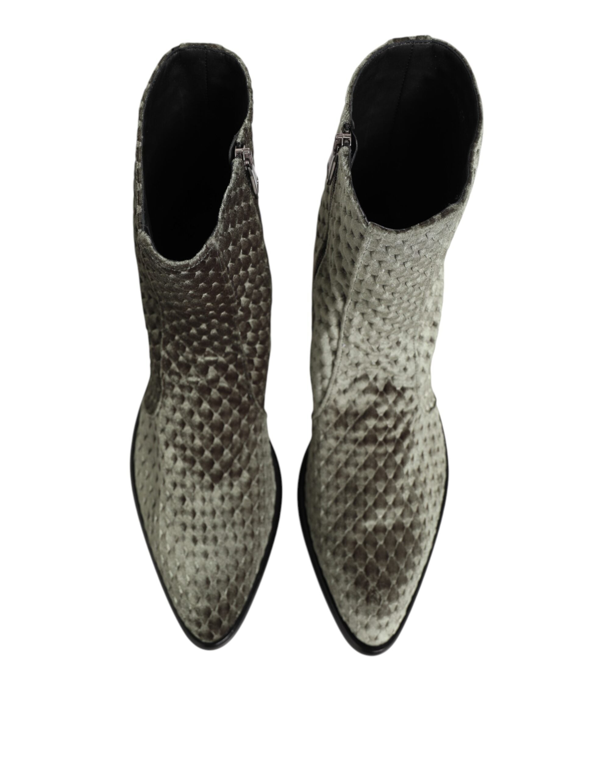 Elevate your style with Dolce & Gabbana's Gray Cotton Velvet Mid Calf Short Boots, where exquisite craftsmanship and luxurious materials embody timeless elegance.