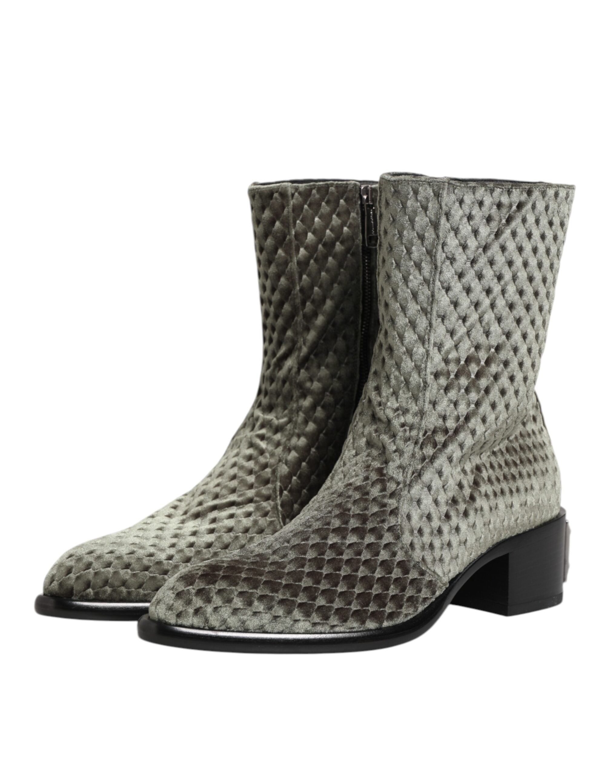 Indulge in the exquisite Dolce & Gabbana Gray Cotton Velvet Mid Calf Short Boots, where luxurious craftsmanship and timeless elegance elevate your style to new heights.