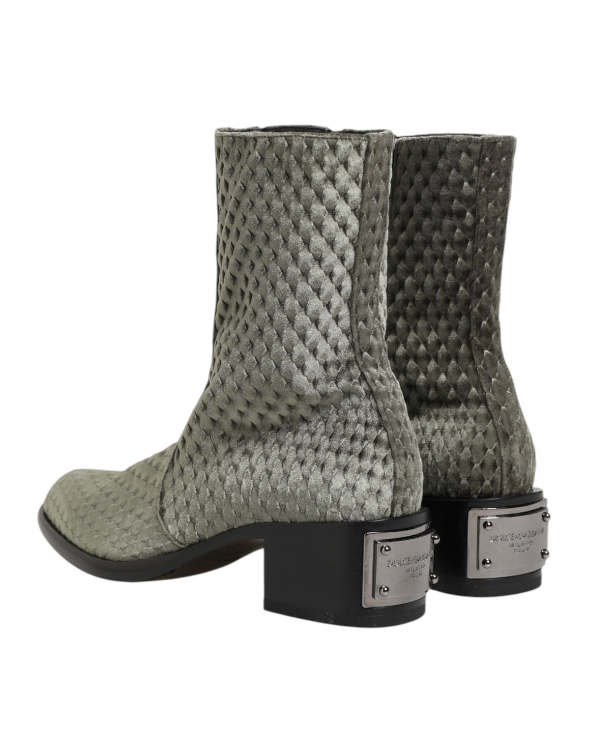 Indulge in the exquisite allure of Dolce & Gabbana's Gray Cotton Velvet Mid Calf Short Boots, where luxurious craftsmanship meets timeless elegance for the discerning individual.