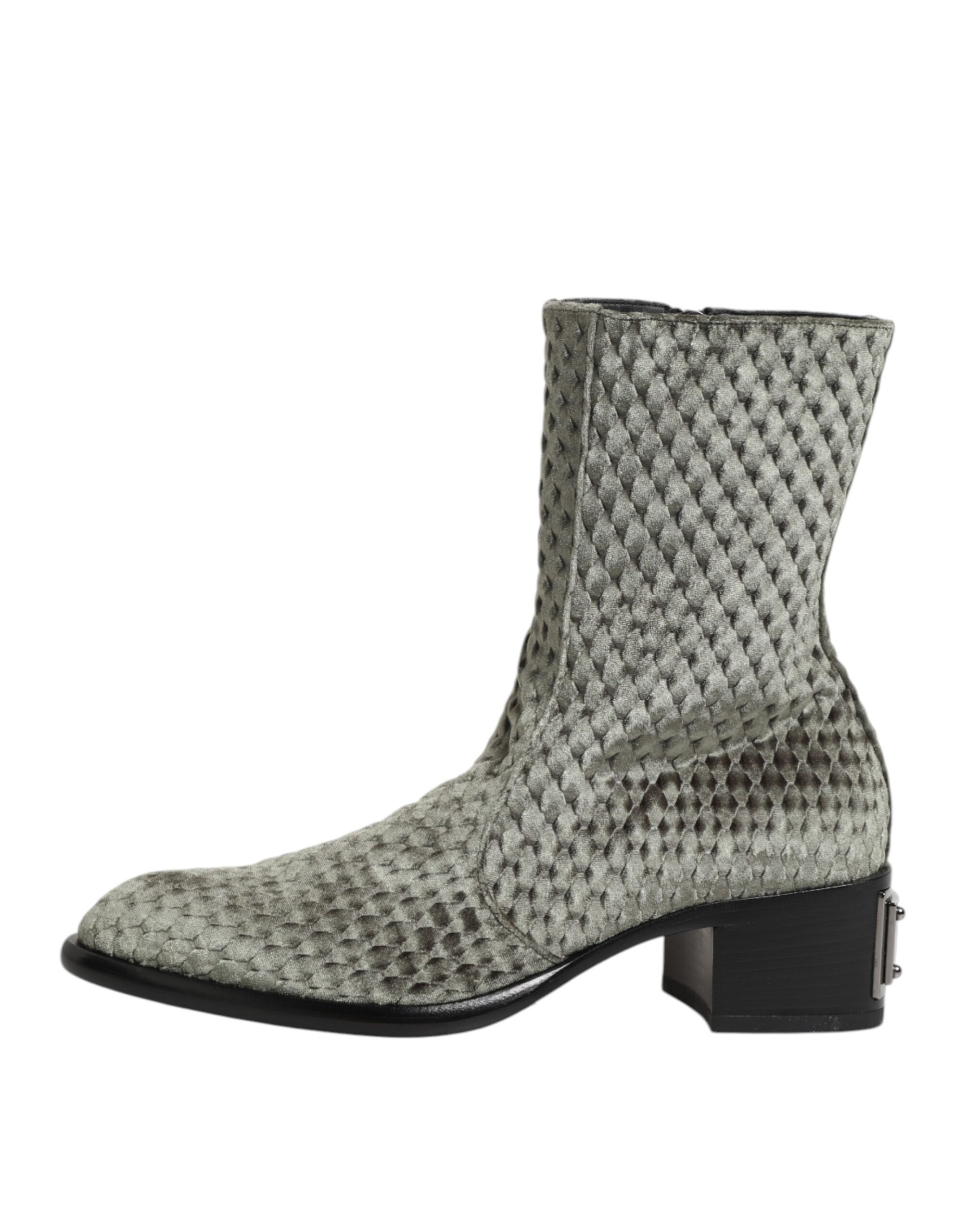 Indulge in the exquisite craftsmanship of Dolce & Gabbana's Gray Cotton Velvet Mid Calf Short Boots, where luxurious materials meet timeless elegance for the discerning individual.