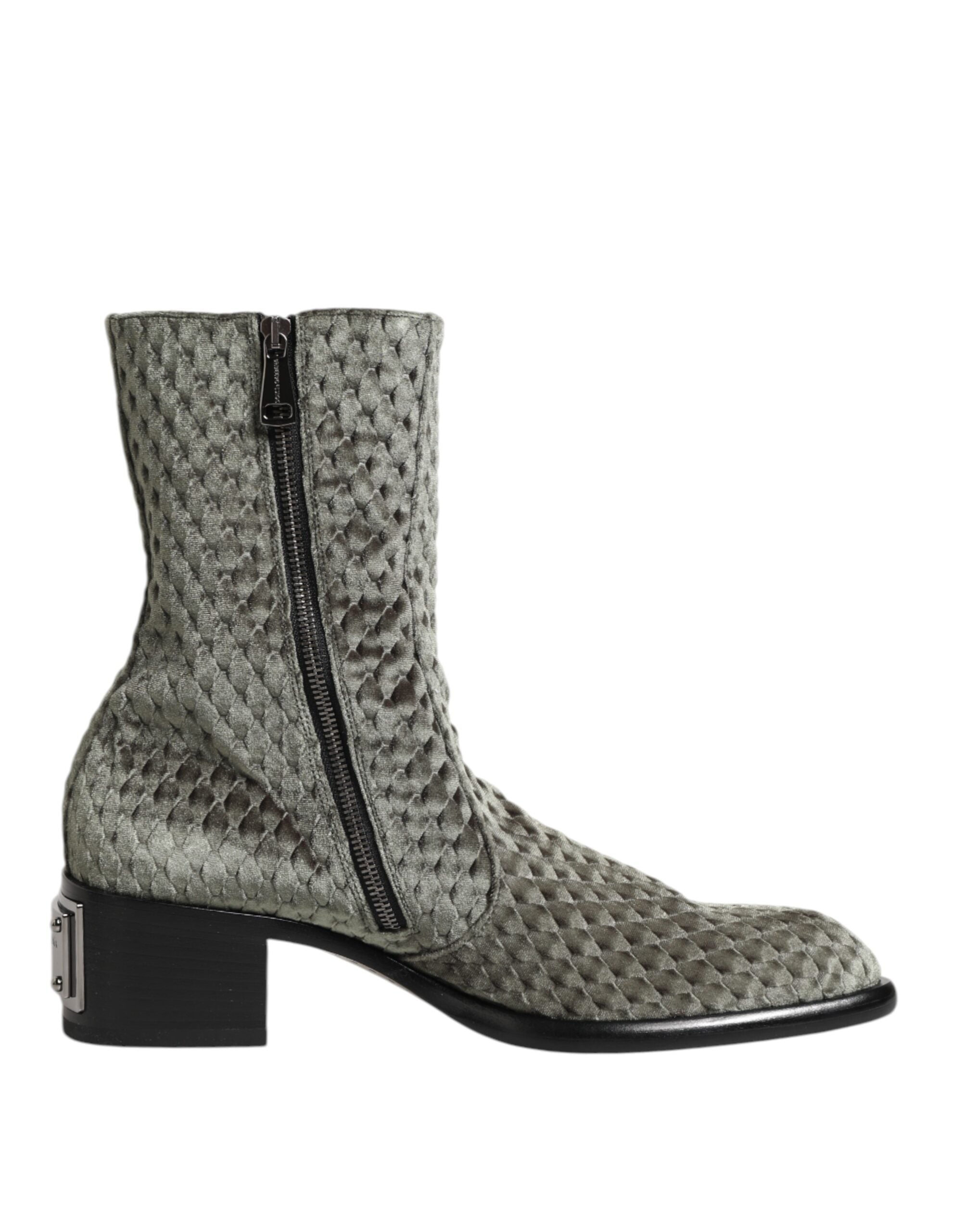 Indulge in the exquisite allure of Dolce & Gabbana's Gray Cotton Velvet Mid Calf Short Boots, where luxurious craftsmanship meets timeless elegance, perfect for the discerning individual.