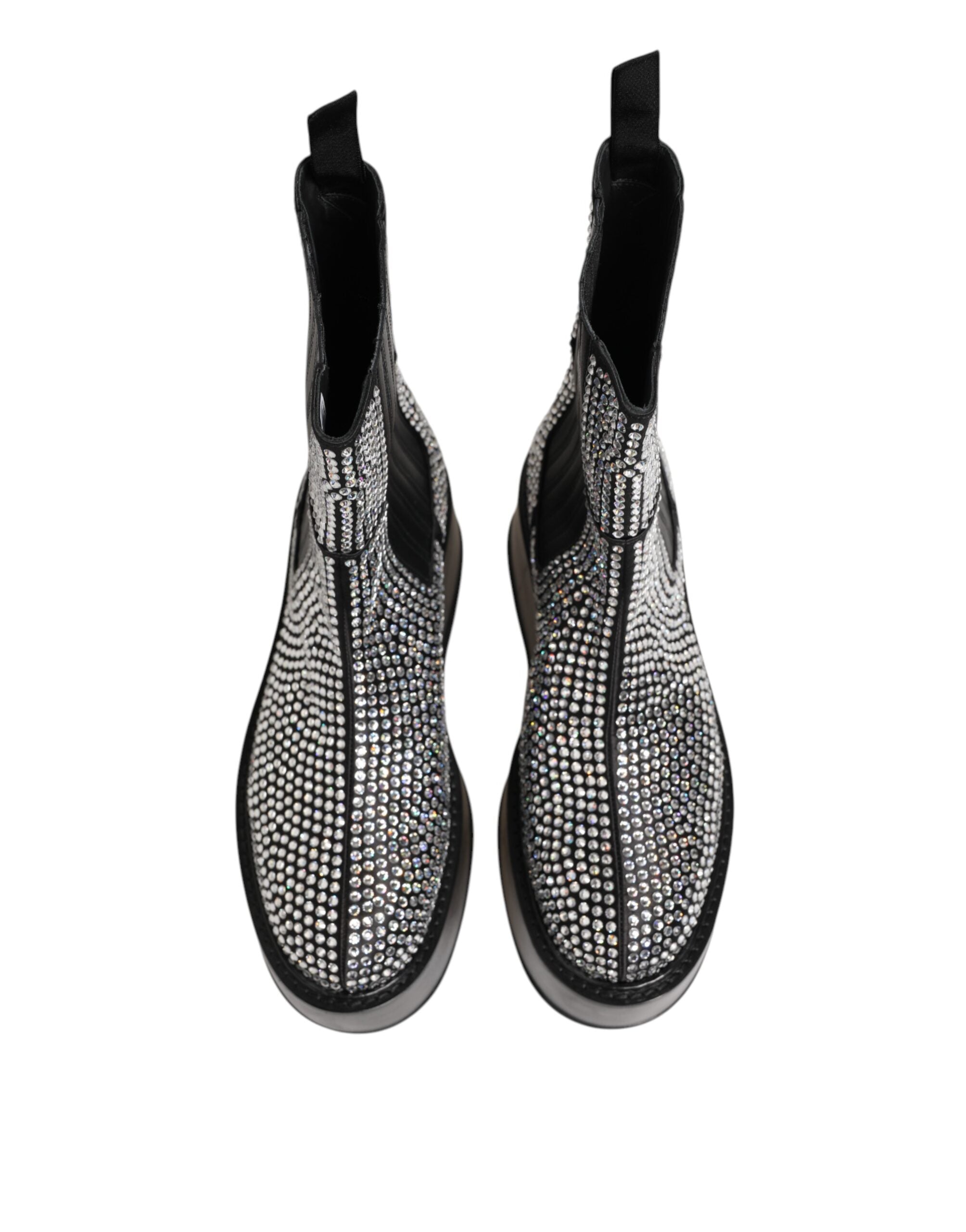 Experience the allure of Dolce & Gabbana's Black Crystal Strass Mid Calf Short Boots, where exquisite craftsmanship meets timeless elegance for every occasion.