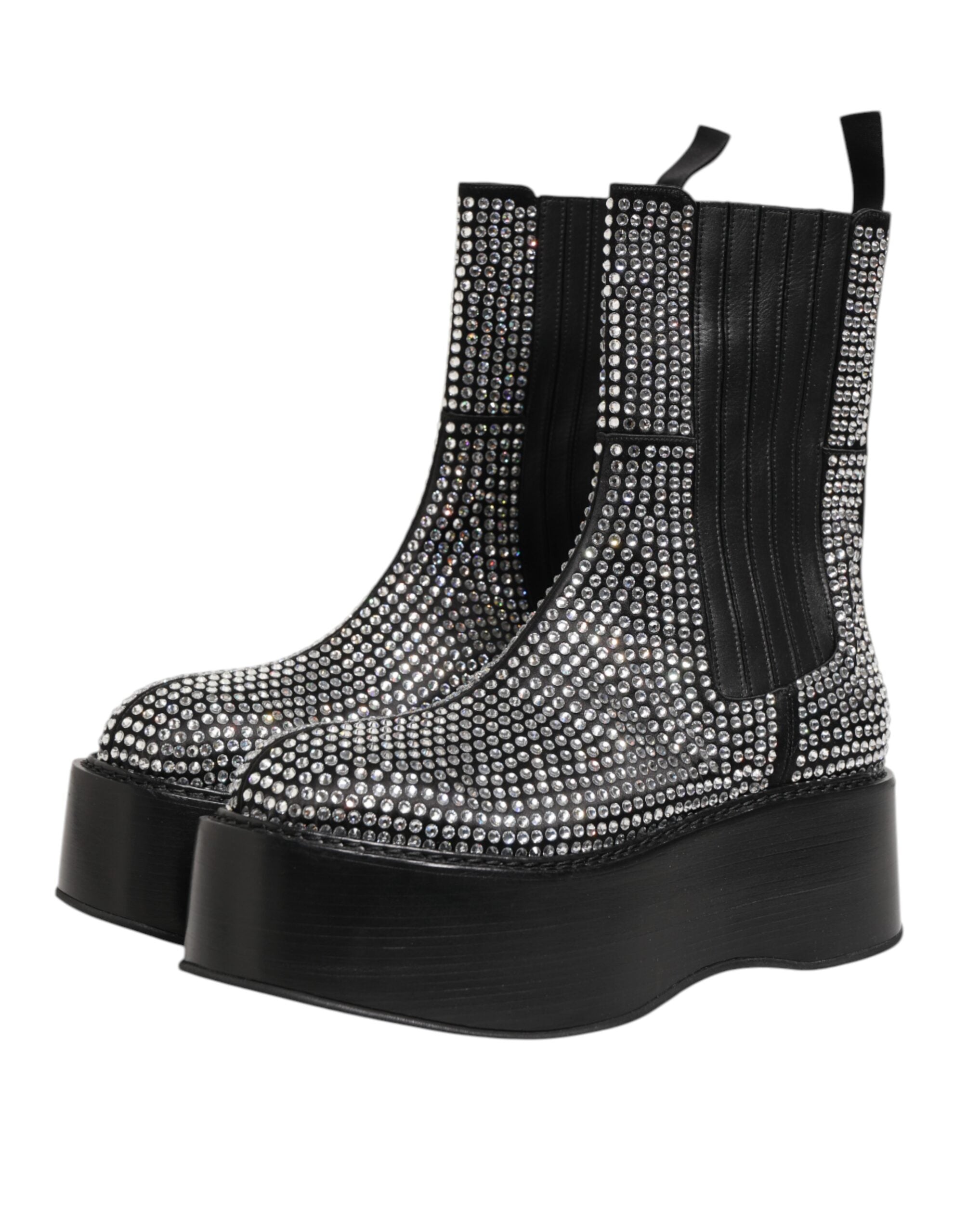 Experience the allure of Dolce & Gabbana's Black Crystal Strass Mid Calf Short Boots, where exquisite craftsmanship meets timeless elegance for every occasion.