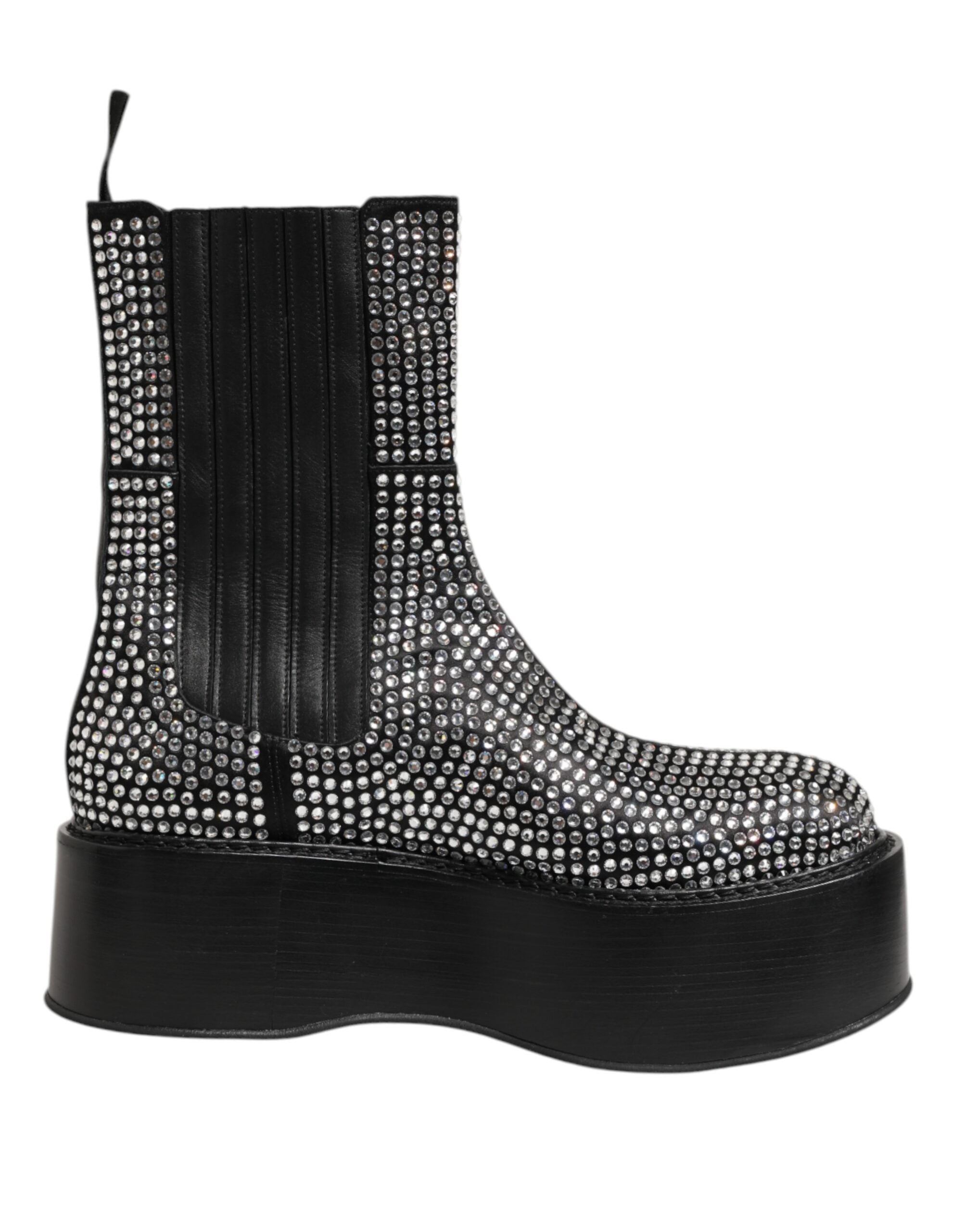 Step into opulence with Dolce & Gabbana's Black Crystal Strass Mid Calf Short Boots, where exquisite craftsmanship and luxurious materials redefine elegance for every occasion.
