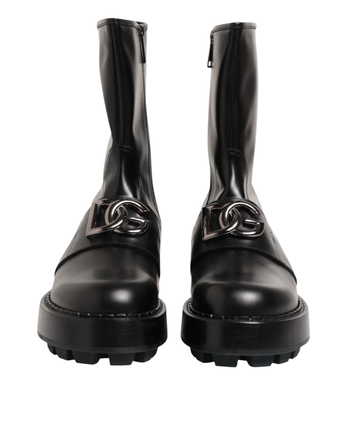Step into luxury with Dolce & Gabbana's Black Logo Plaque Mid Calf Biker Boots, crafted from premium calf leather, embodying elegance and bold sophistication for the discerning individual.