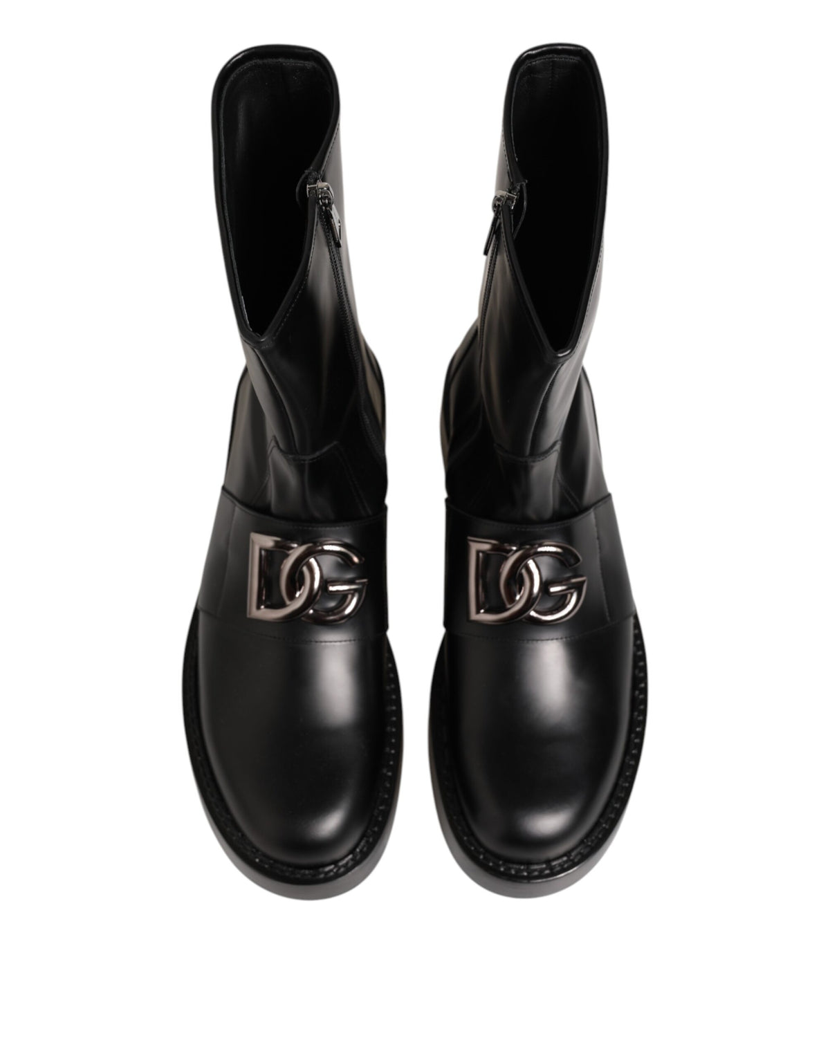 Step into elegance with Dolce & Gabbana's Black Logo Plaque Mid Calf Biker Boots, crafted from premium calf leather for a bold yet refined statement.