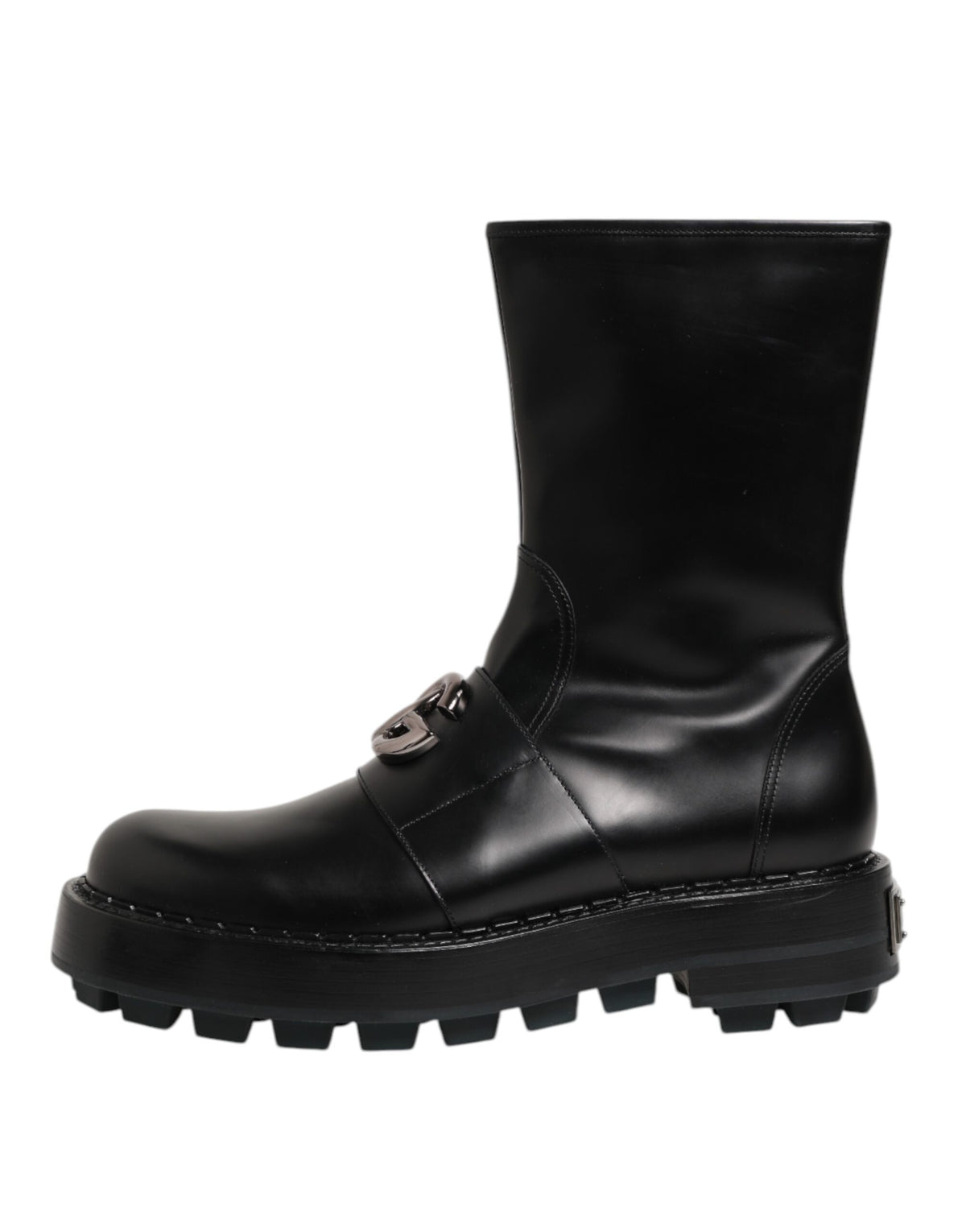 Elevate your style with Dolce & Gabbana's Black Logo Plaque Mid Calf Biker Boots, crafted from premium calf leather in Italy, merging timeless elegance with bold sophistication.