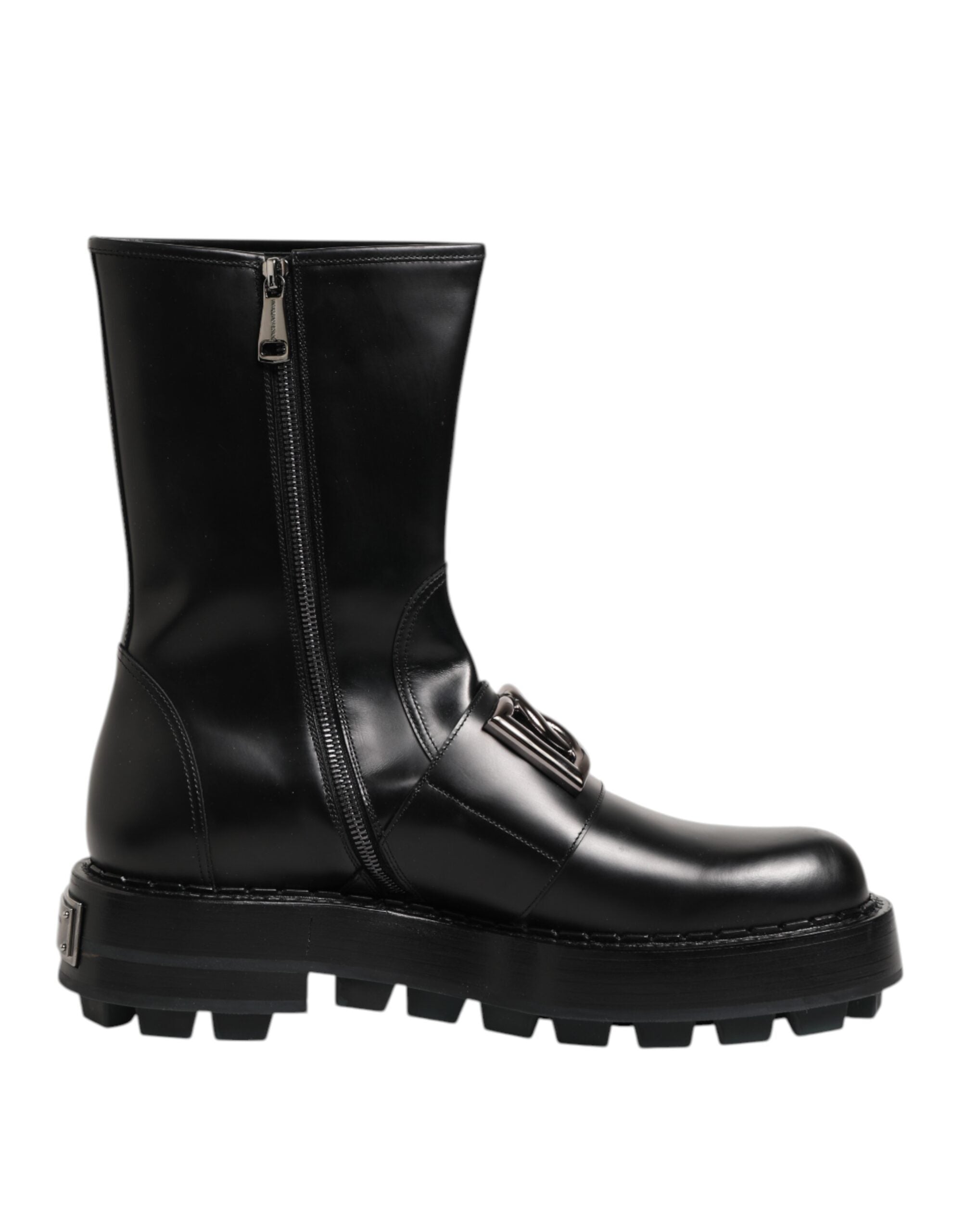 Step into luxury with Dolce & Gabbana's Black Logo Plaque Mid Calf Biker Boots, crafted from premium black calf leather for a timelessly chic statement.
