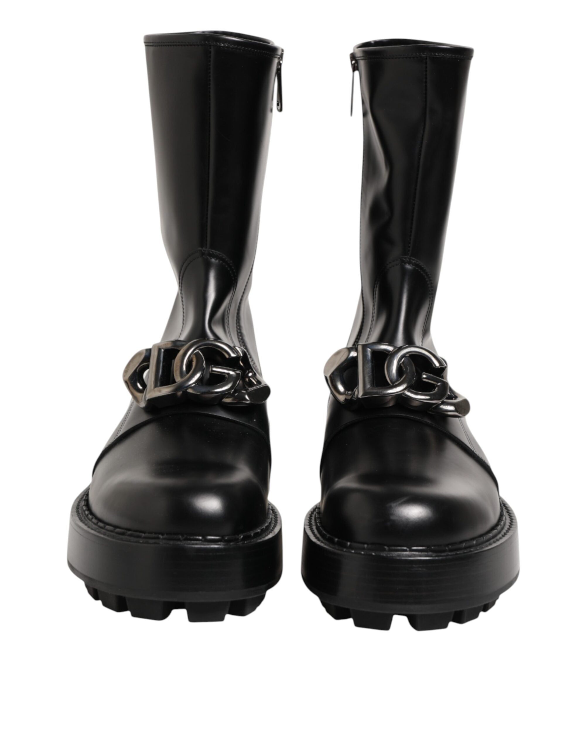 Indulge in the elegance of Dolce & Gabbana Black Logo Plaque Mid Calf Biker Boots, crafted from premium calf leather for timeless sophistication and effortless style.