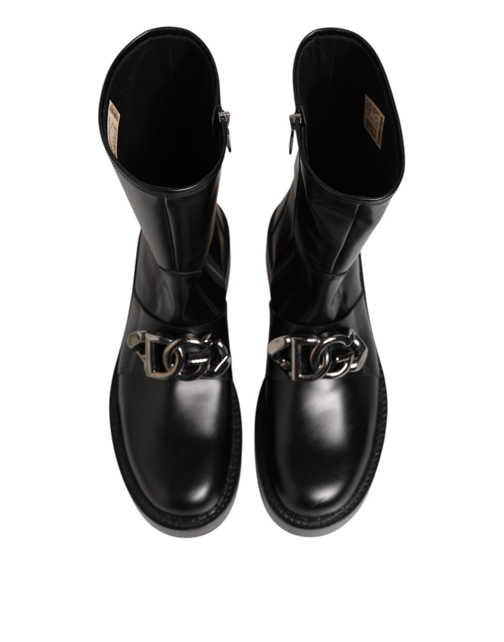 Elevate your style with Dolce & Gabbana Black Logo Plaque Mid Calf Biker Boots, crafted from premium black calf leather, embodying timeless sophistication and modern luxury.