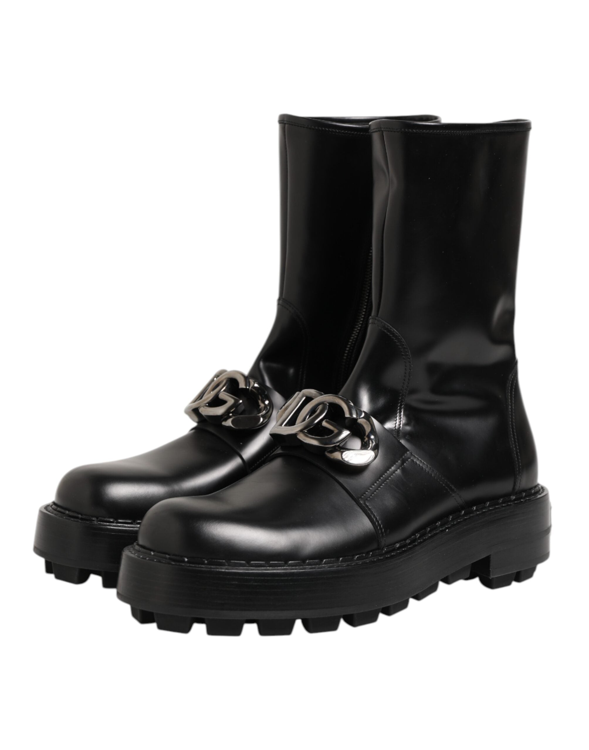 Elevate your style with Dolce & Gabbana Black Logo Plaque Mid Calf Biker Boots, crafted from premium black calf leather for timeless sophistication and effortless allure.