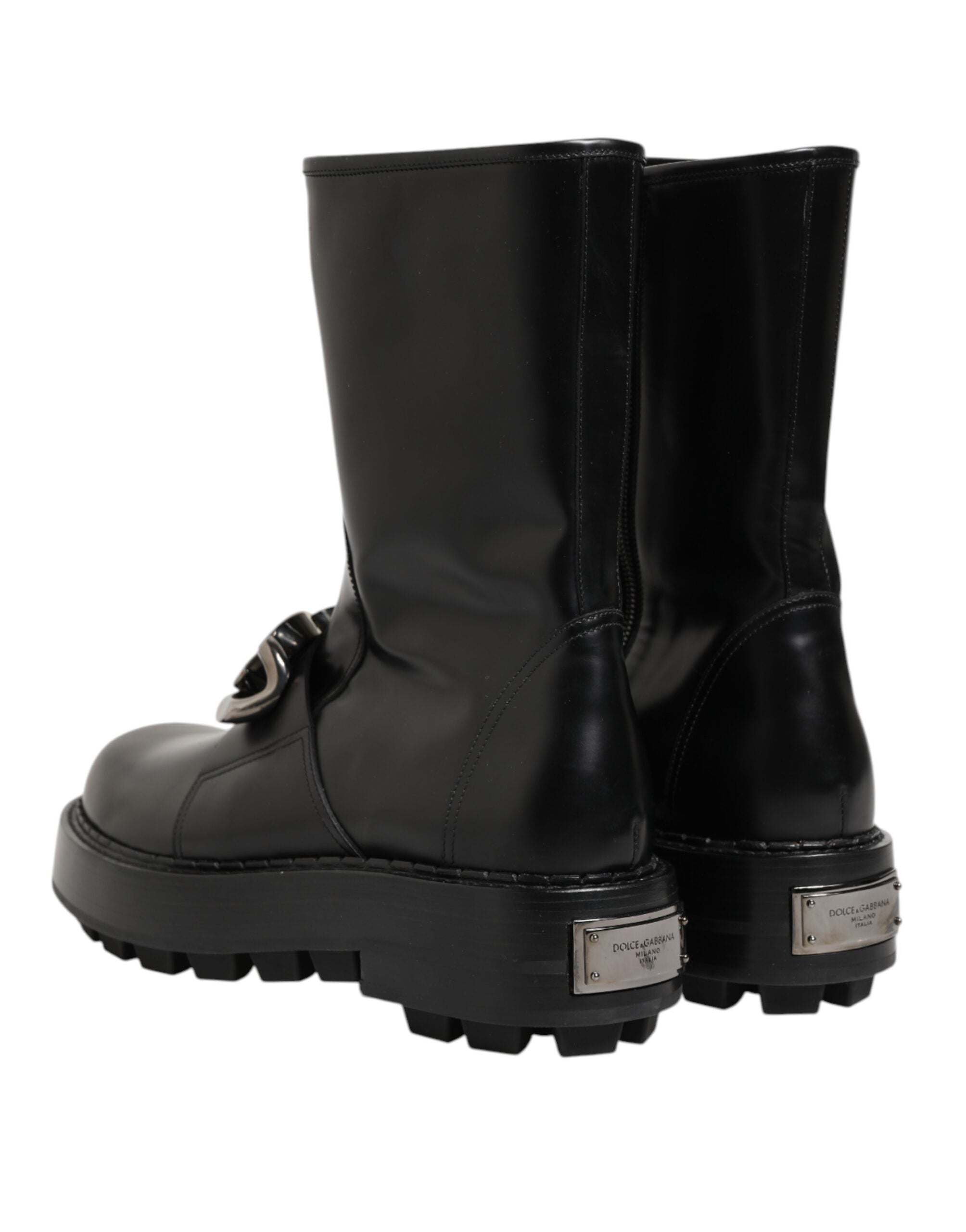 Elevate your style with Dolce & Gabbana Black Logo Plaque Mid Calf Biker Boots, crafted from premium black calf leather for timeless sophistication and luxury.