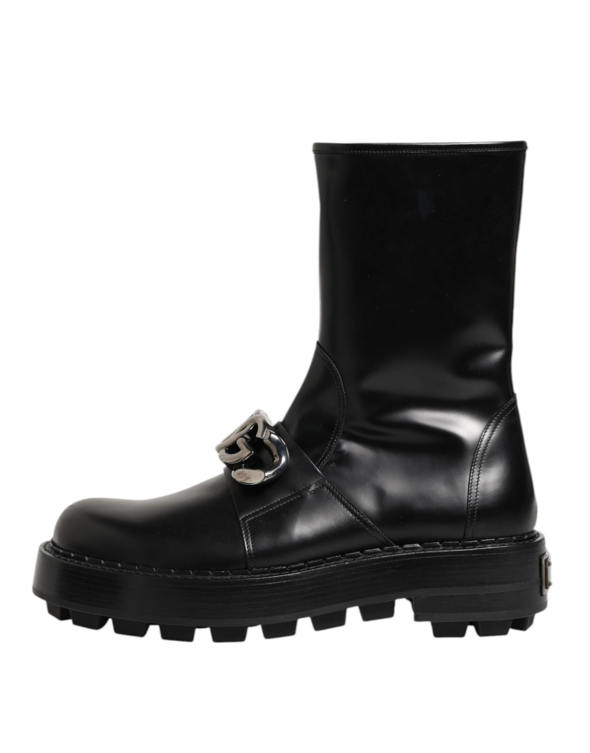 Elevate your style with Dolce & Gabbana Black Logo Plaque Mid Calf Biker Boots, crafted from premium calf leather, embodying timeless elegance and modern luxury.