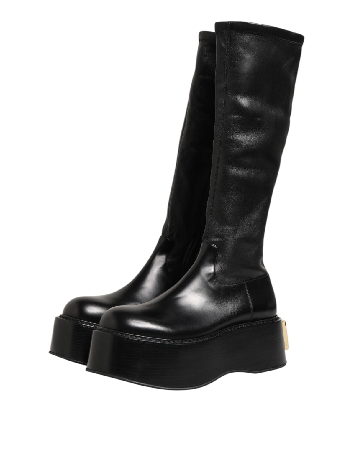 Indulge in the exquisite allure of Dolce & Gabbana's Black Logo Plaque Over The Calf Boots, where luxurious lamb and calf leather meet Italian craftsmanship for a statement of elegance.
