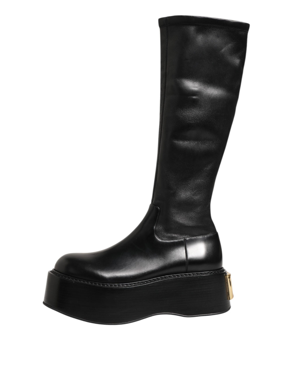 Elevate your style with the Dolce & Gabbana Black Logo Plaque Over The Calf Boots, where exquisite craftsmanship meets luxurious materials for an unparalleled statement.