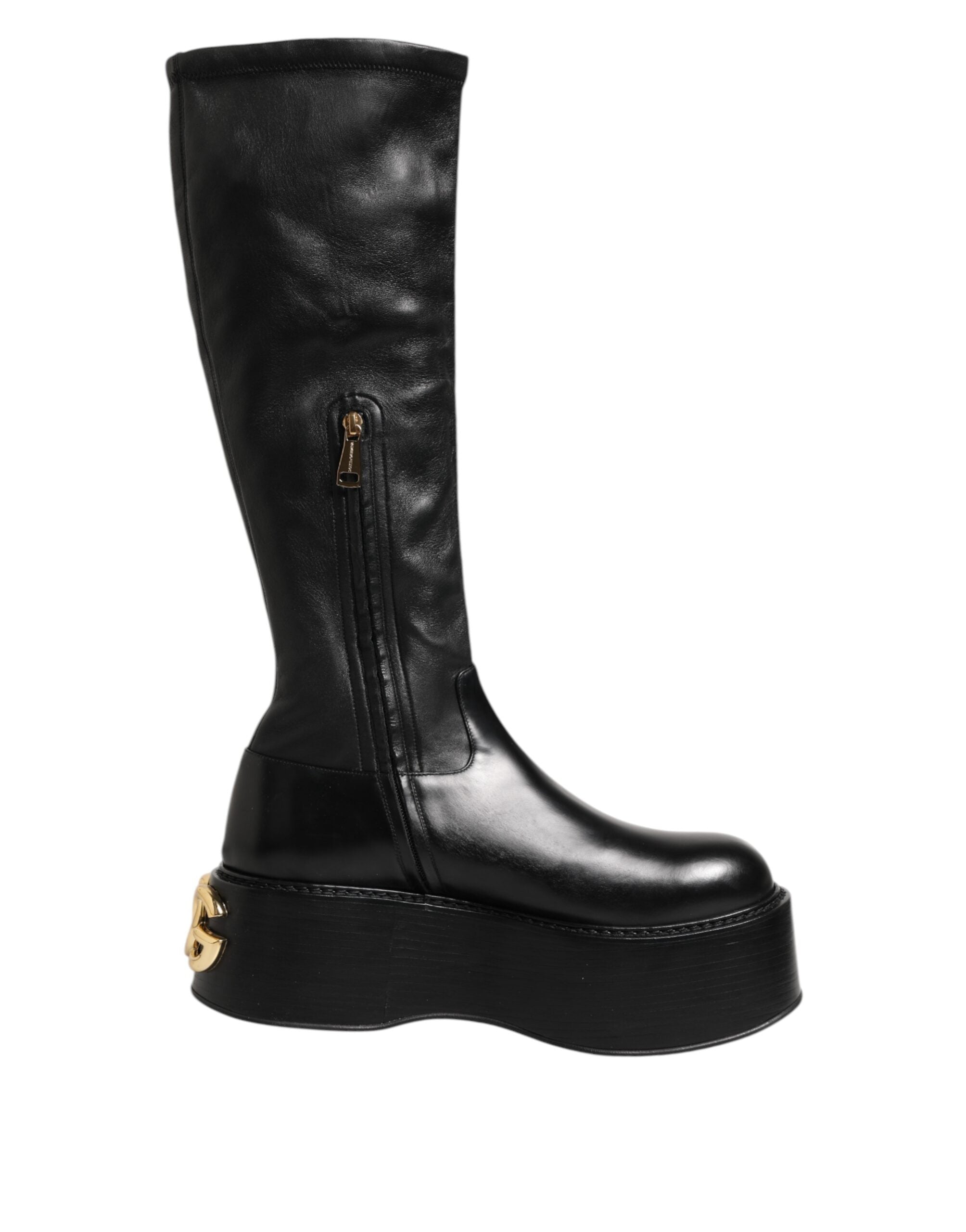 Indulge in the exquisite Dolce & Gabbana Black Logo Plaque Over The Calf Boots, where luxurious materials and Italian craftsmanship elevate your style to new heights.