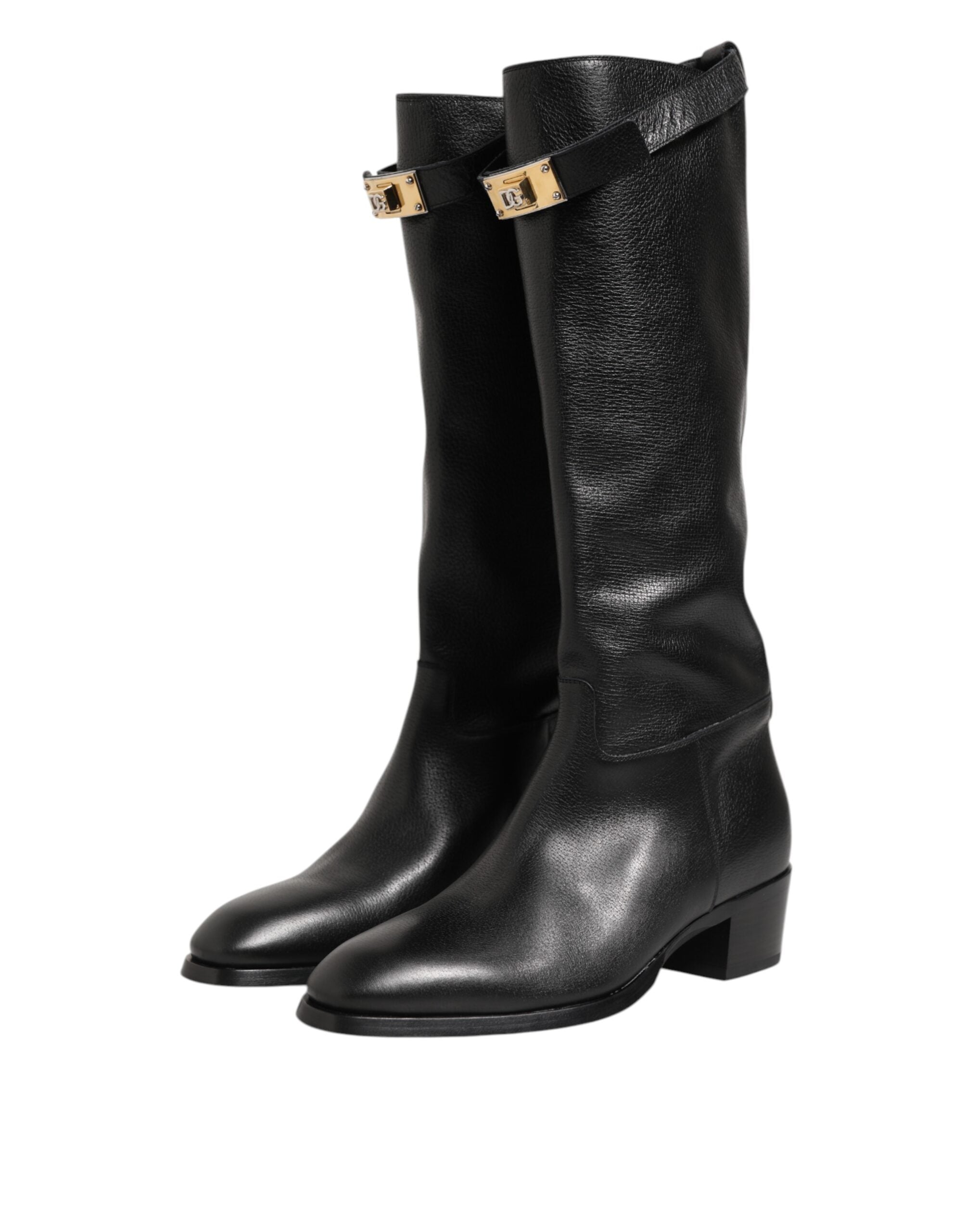 Experience the allure of Dolce & Gabbana's Black Logo Plaque Over The Calf Boots, crafted from luxurious lamb leather, embodying timeless elegance and sophistication.