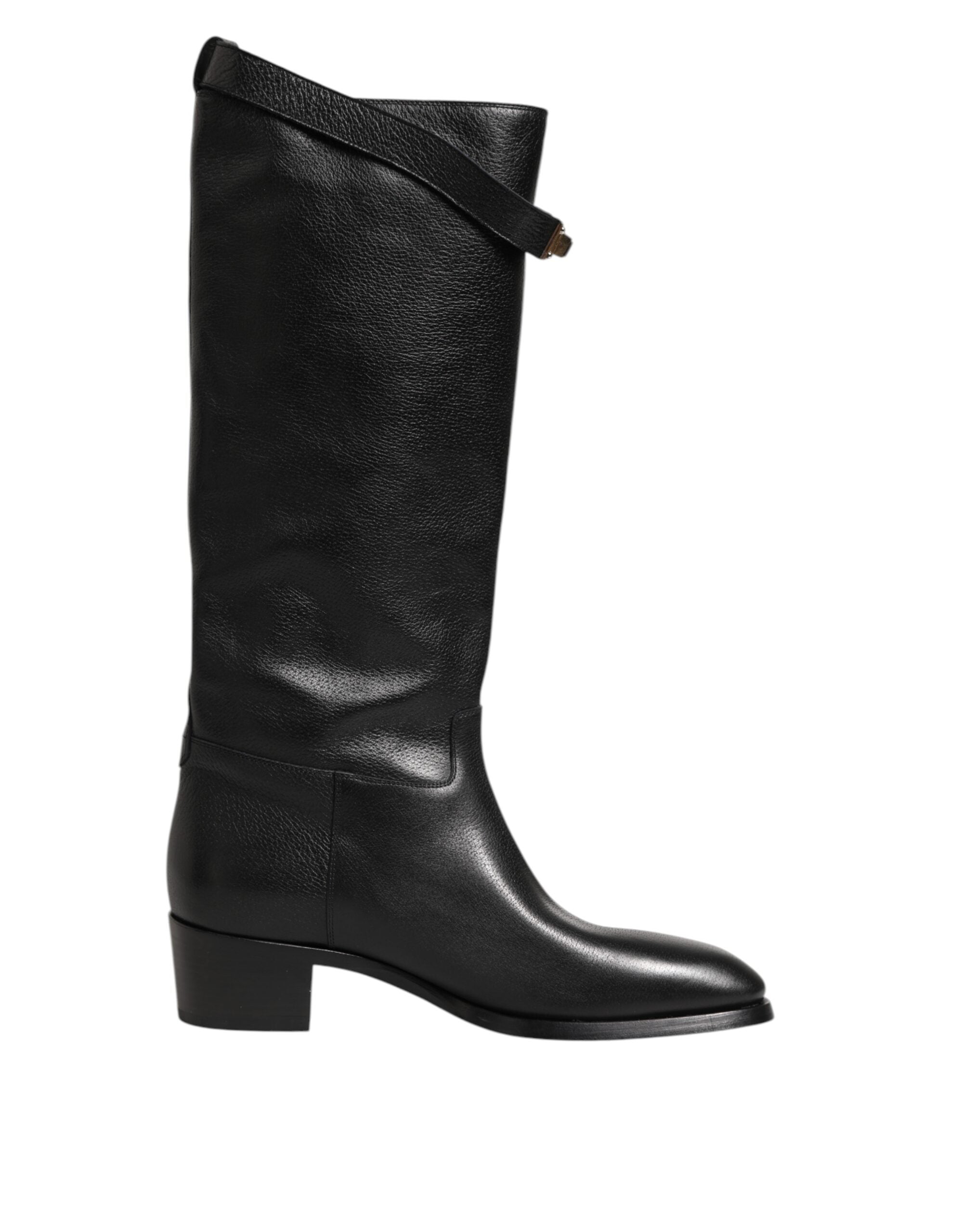 Experience the allure of Dolce & Gabbana's Black Logo Plaque Over The Calf Boots, crafted from luxurious lamb leather, embodying timeless elegance and sophisticated style.