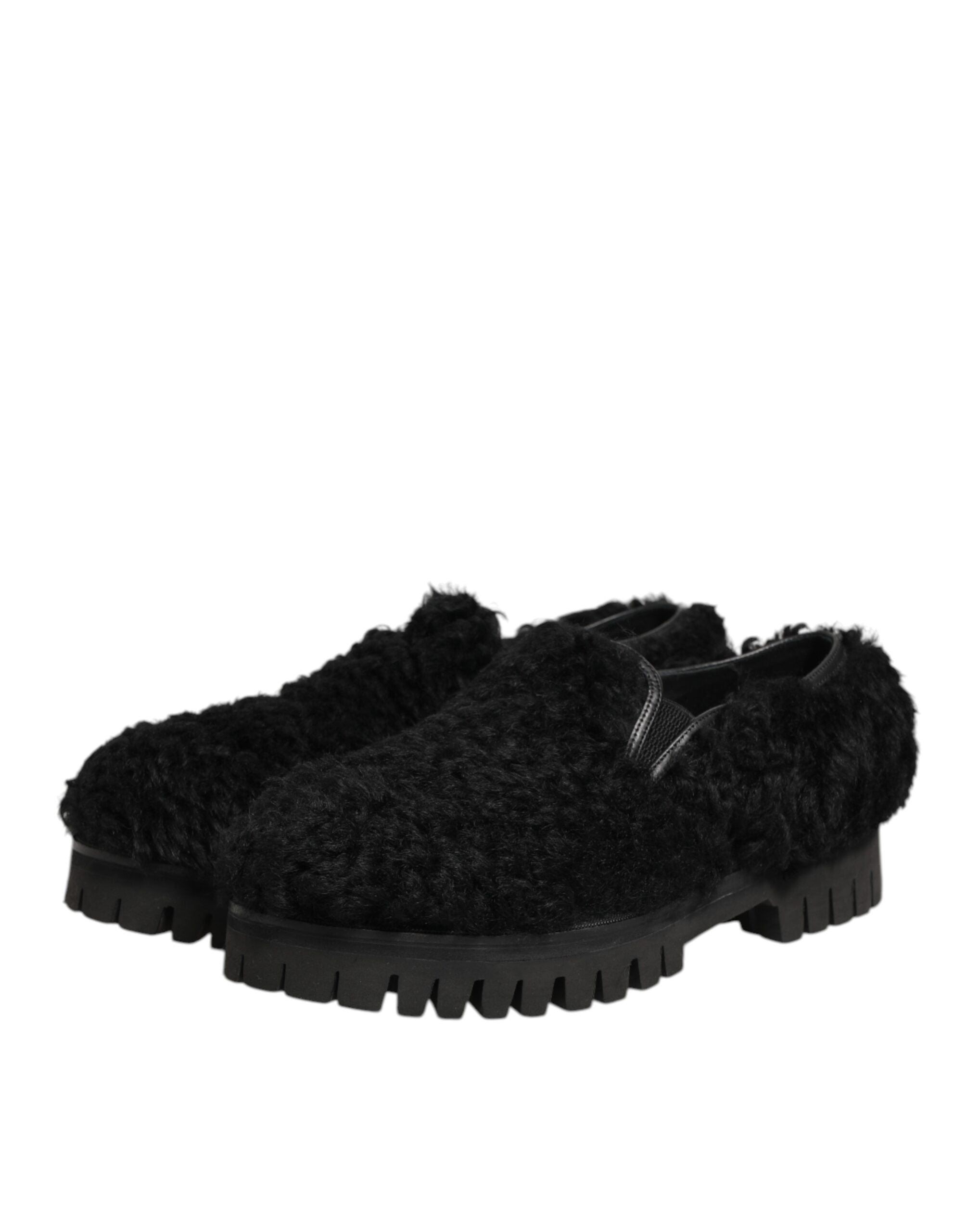 Dolce & Gabbana Black Fur Leather Slippers - Artisanal Elegance