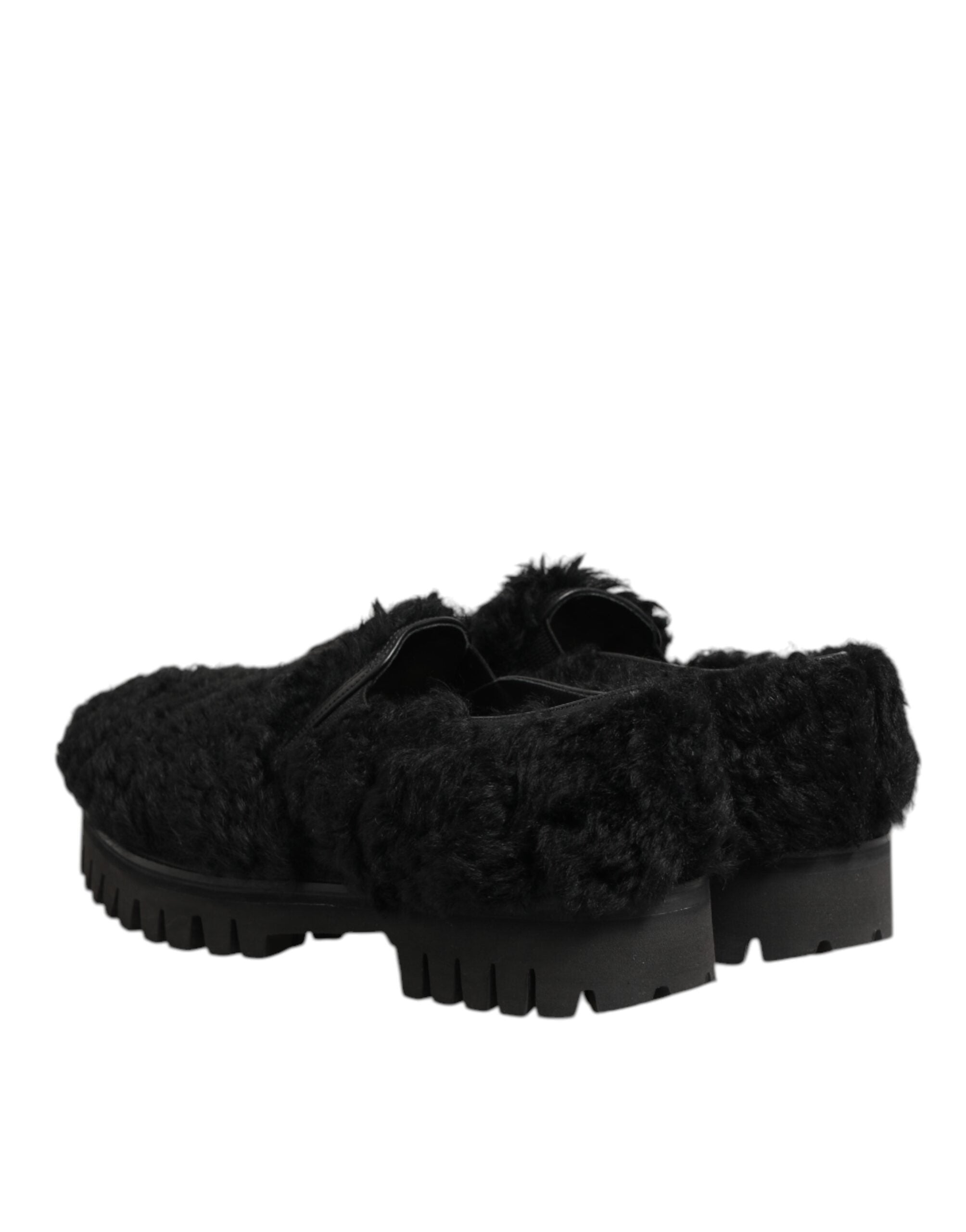 Dolce & Gabbana Dress Black Fur Leather Slippers Men Shoes