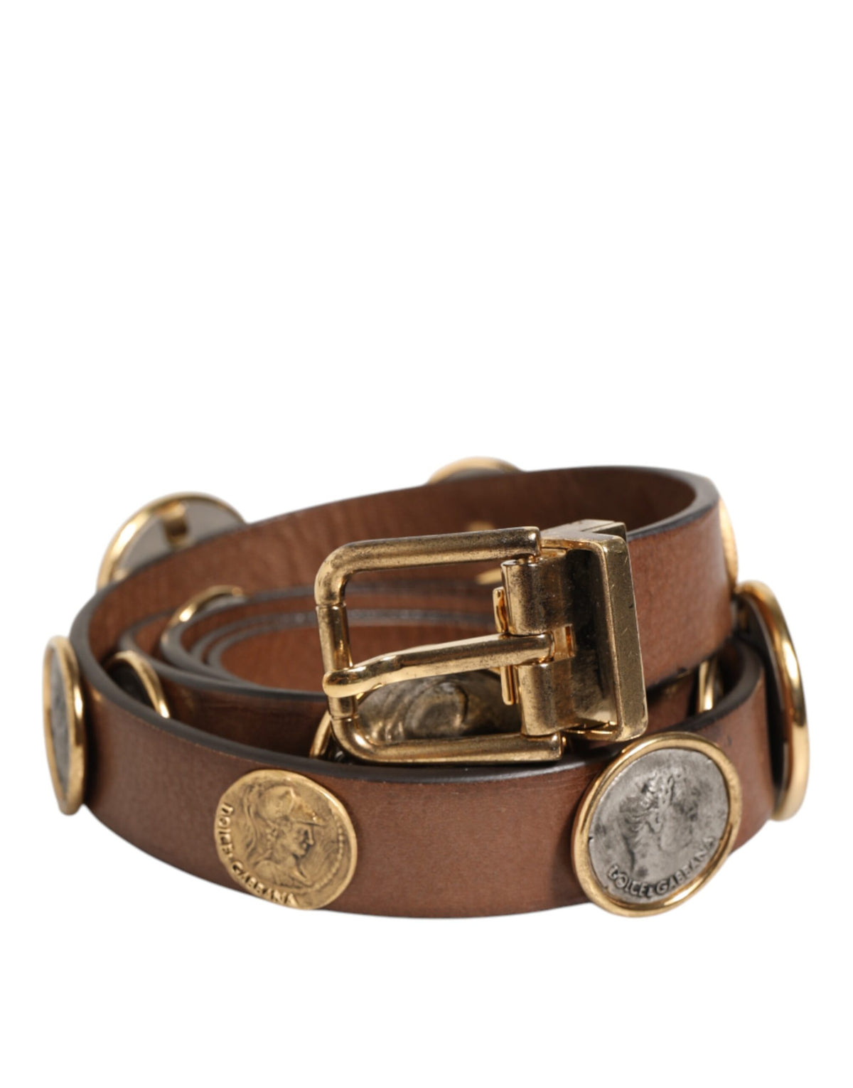 Elevate your style with the Dolce & Gabbana Brown Leather Gold Silver Coin Buckle Belt, a masterpiece of Italian craftsmanship that embodies luxury and timeless elegance.