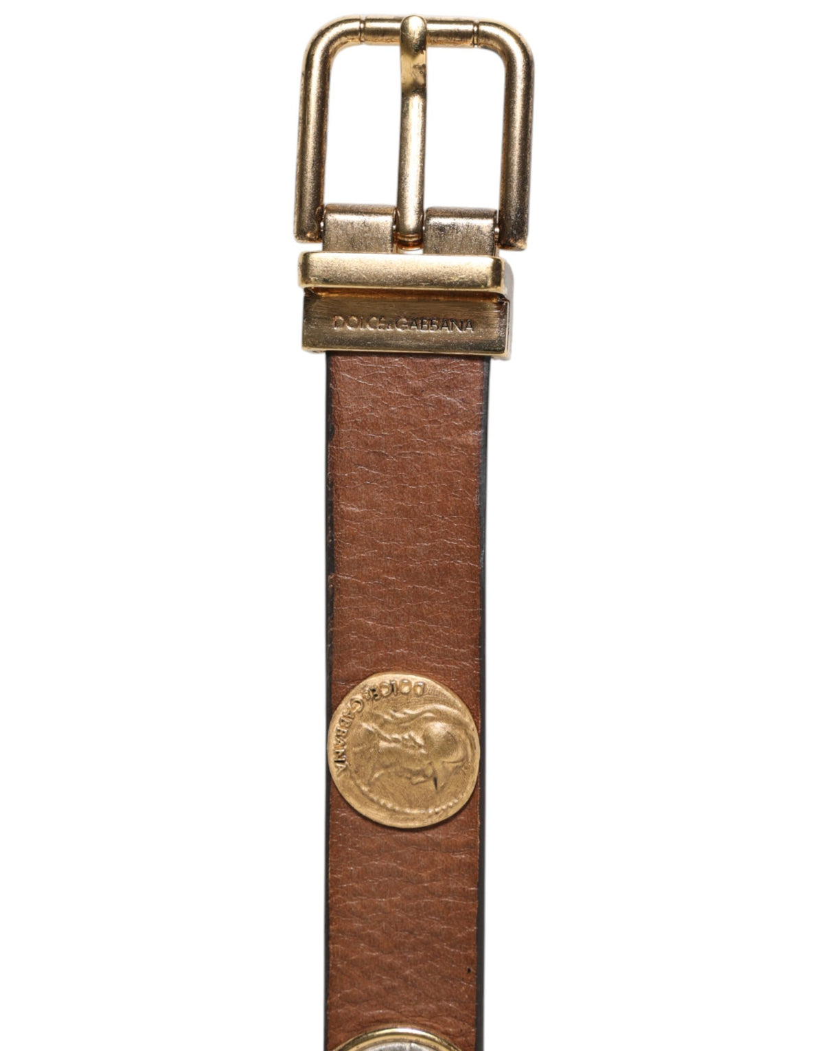 Indulge in the exquisite Dolce & Gabbana Brown Leather Gold Silver Coin Buckle Belt, a luxurious statement piece embodying Italian craftsmanship and timeless elegance.