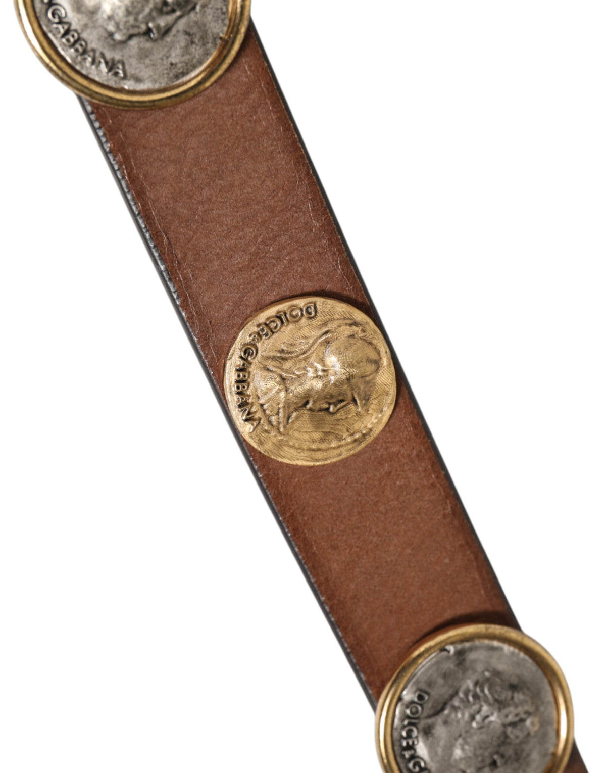Elevate your style with the Dolce & Gabbana Brown Leather Gold Silver Coin Buckle Belt, a masterpiece of Italian craftsmanship that embodies timeless luxury and sophistication.