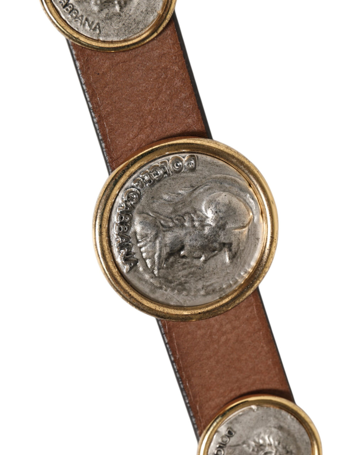 Elevate your style with the Dolce & Gabbana Brown Leather Gold Silver Coin Buckle Belt, a masterpiece of Italian craftsmanship that embodies timeless luxury and sophistication.