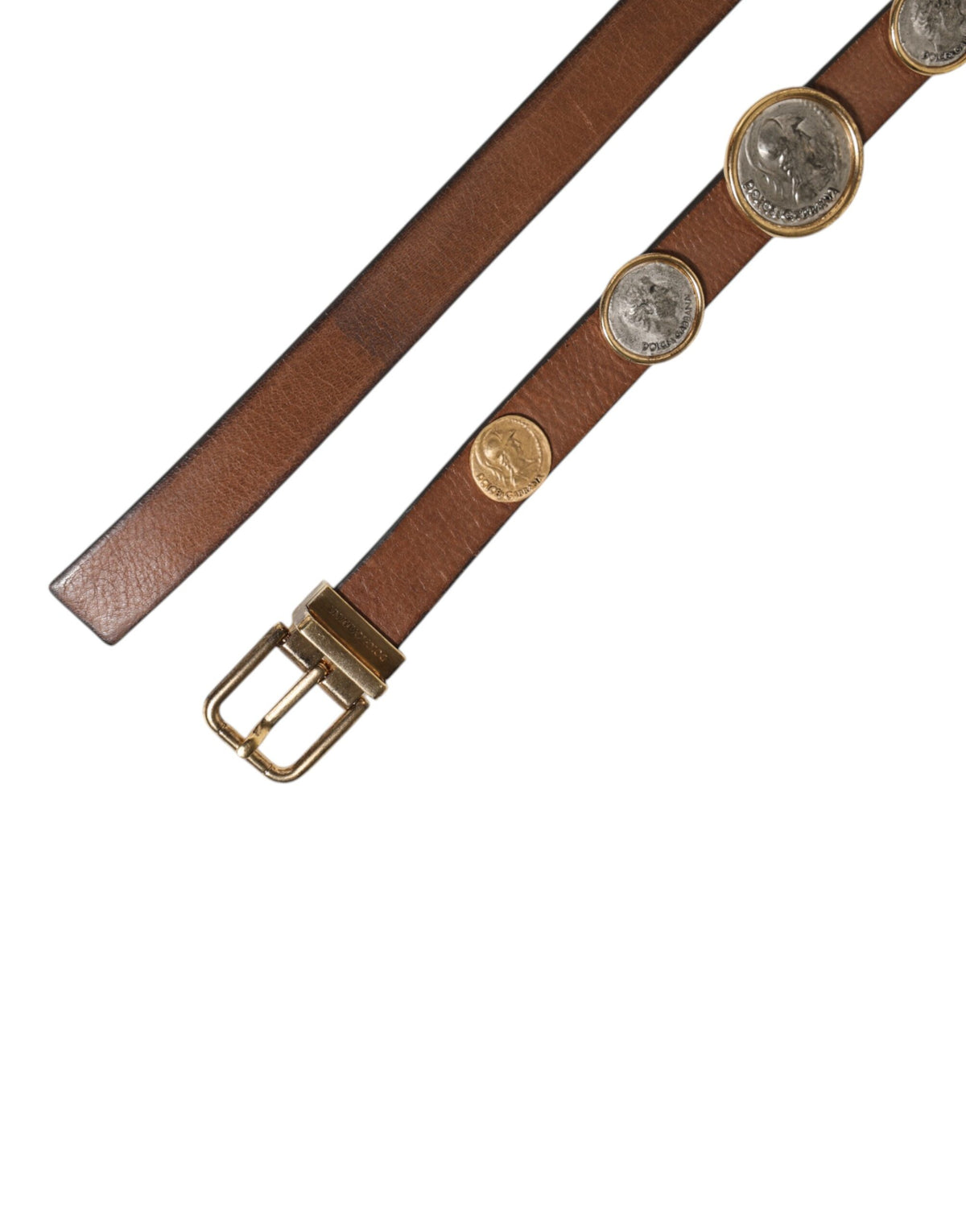 Indulge in the exquisite Dolce & Gabbana Brown Leather Gold Silver Coin Buckle Belt, a masterpiece of Italian craftsmanship that elevates your style with luxurious elegance and timeless allure.
